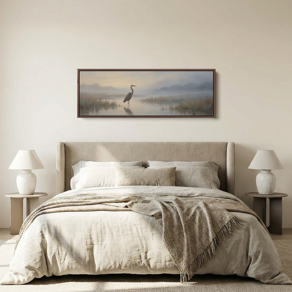 Heron In Misty Marsh Panoramic Wall Art Statement Wall Decor Office