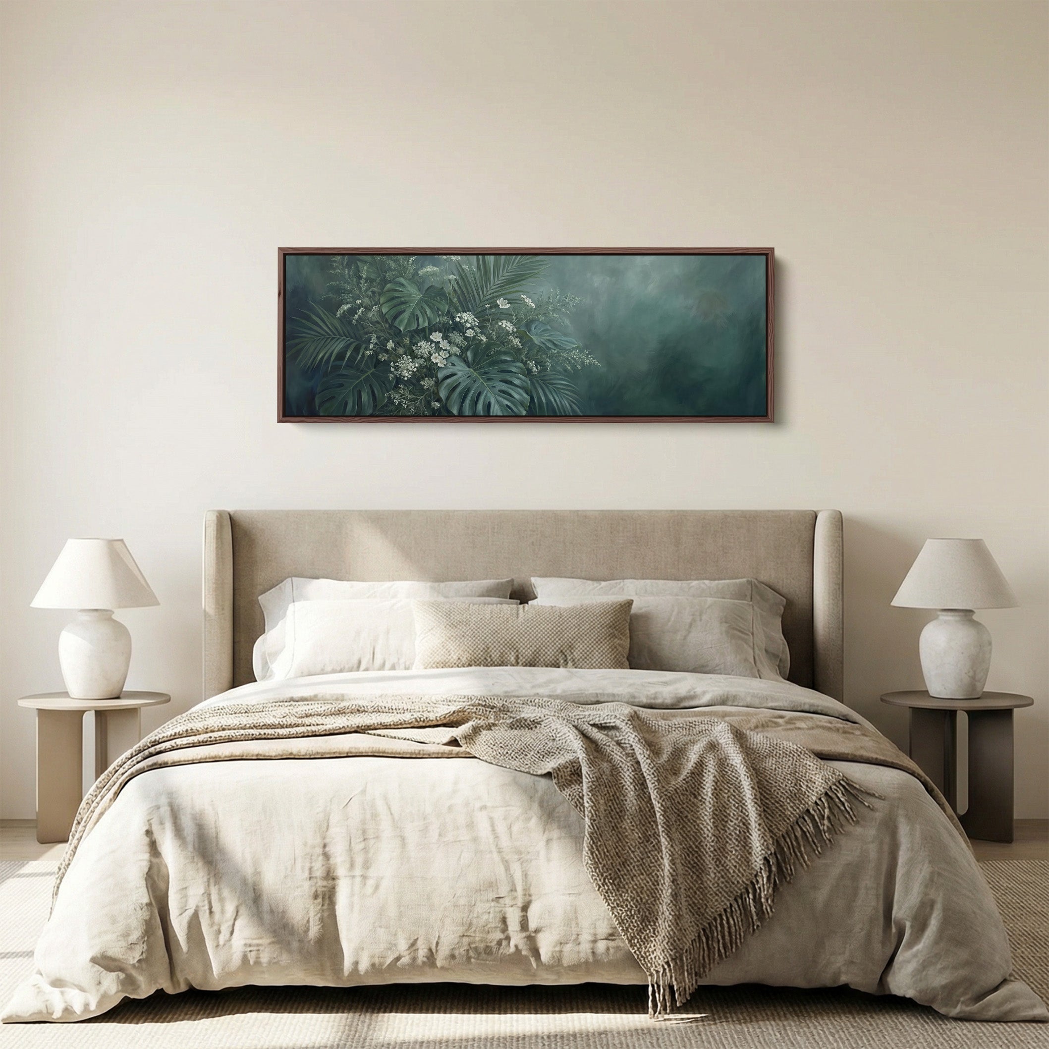 Tropical Leaves With White Flowers Horizontal Wall Art Statement Wall Decor Bedroom