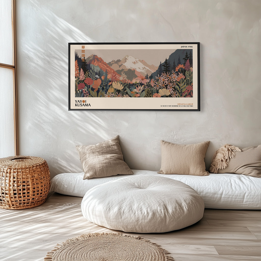 Yayoi Kusama Wide Canvas Mountain Meadow With Flowers Panoramic Canvas Print For Office