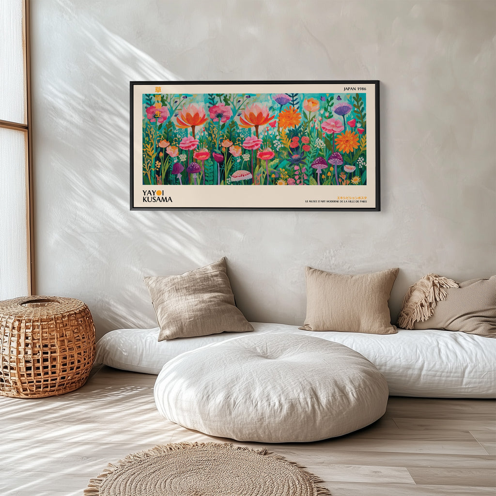Yayoi Kusama Panoramic Wall Art Floral Garden With Mushrooms Statement Wall Decor For Kitchen