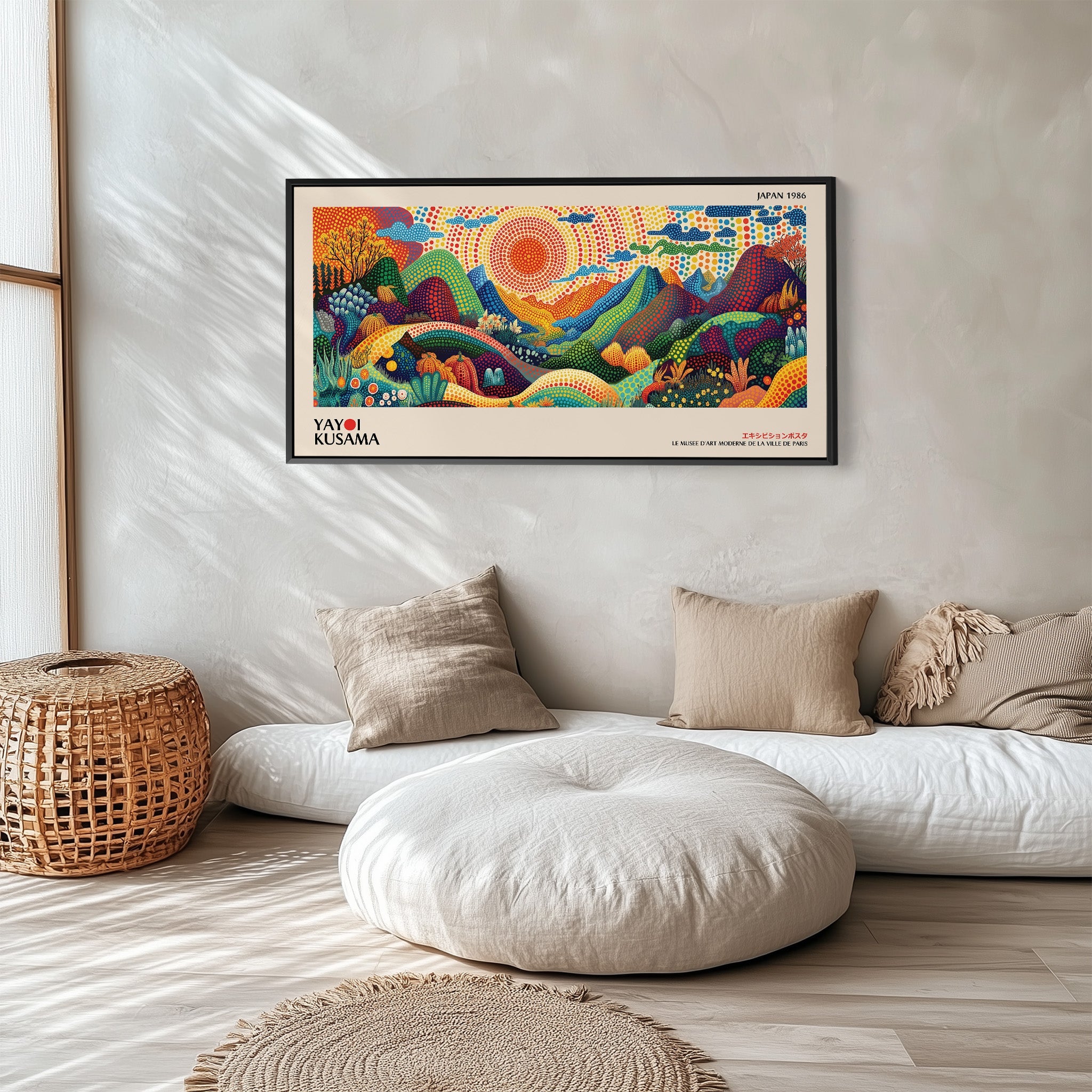 Yayoi Kusama Wide Canvas Dotted Mountain Landscape With Sun Panoramic Canvas Print For Living Room