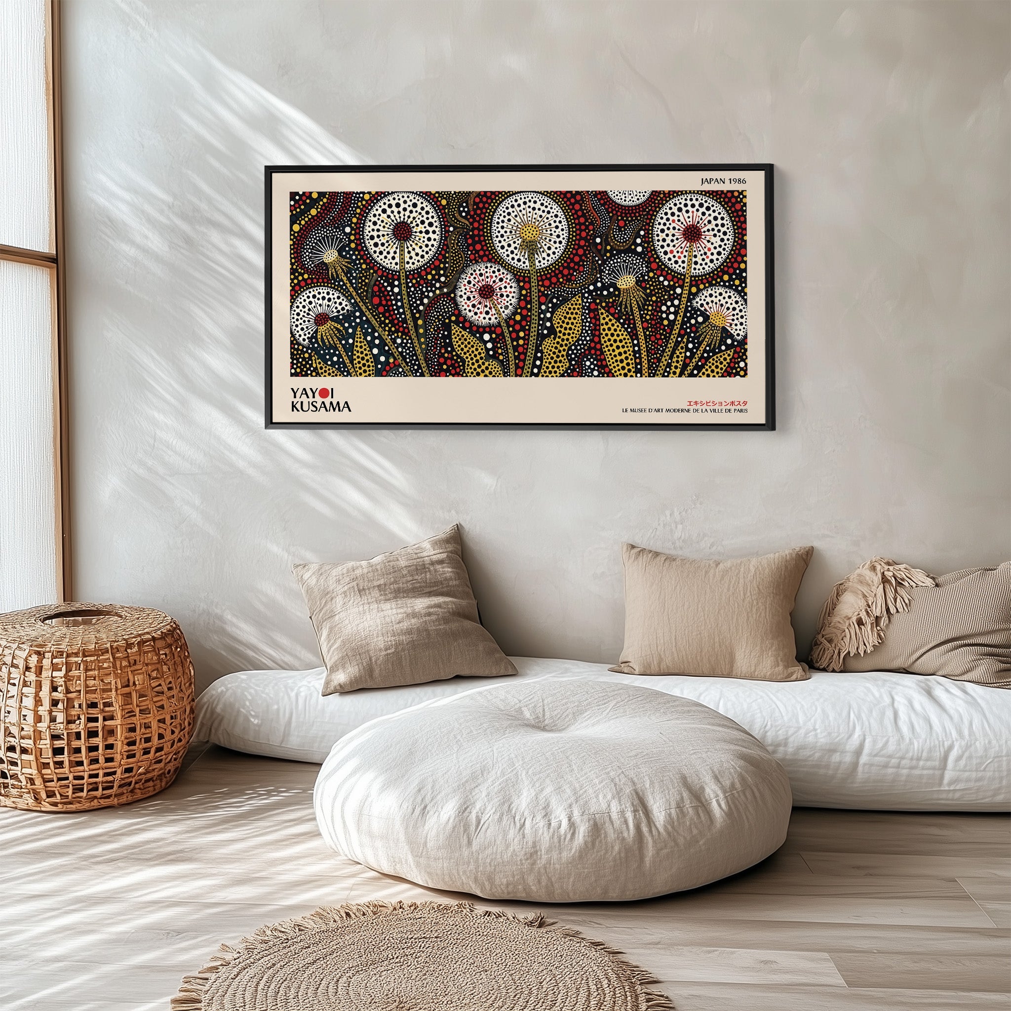 Yayoi Kusama Wide Wall Art Dotted Dandelion Flowers Statement Wall Decor For Bedroom