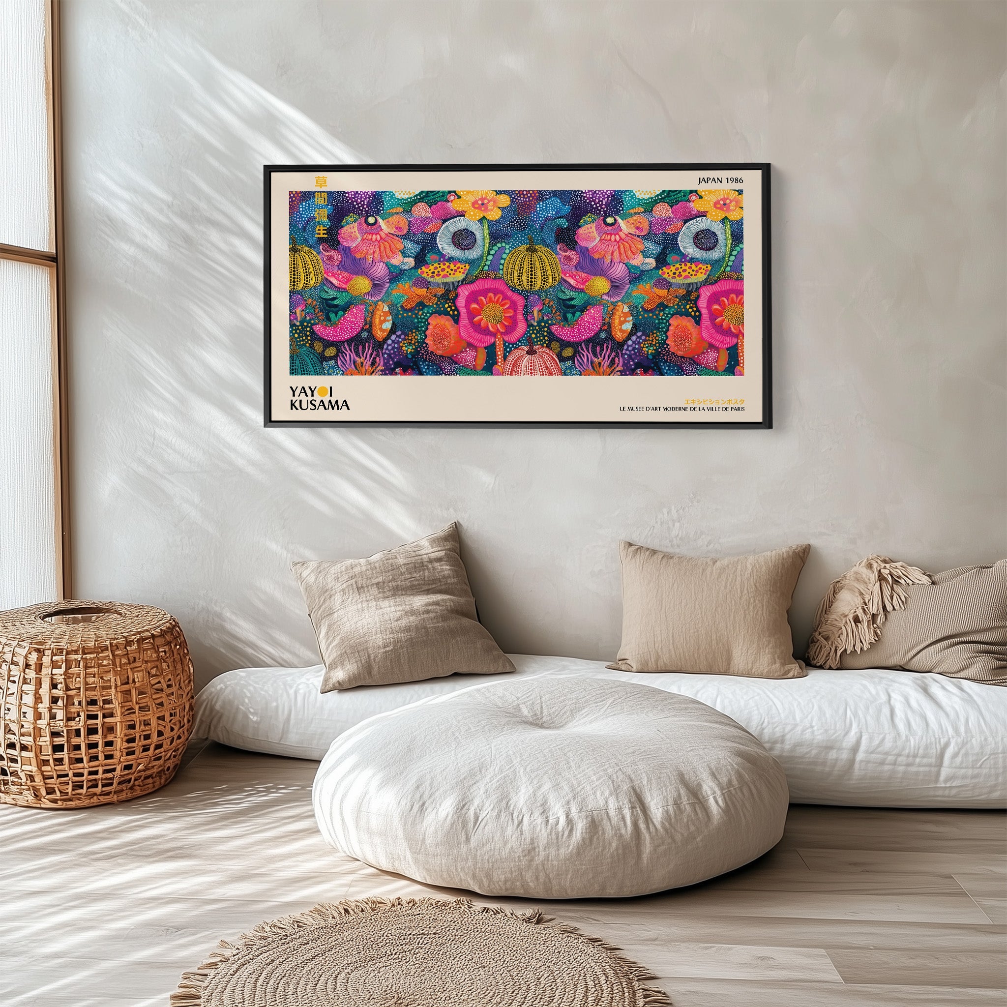 Yayoi Kusama Wide Framed Canvas Vibrant Dotted Floral Collage Extra Wide Canvas For Kitchen