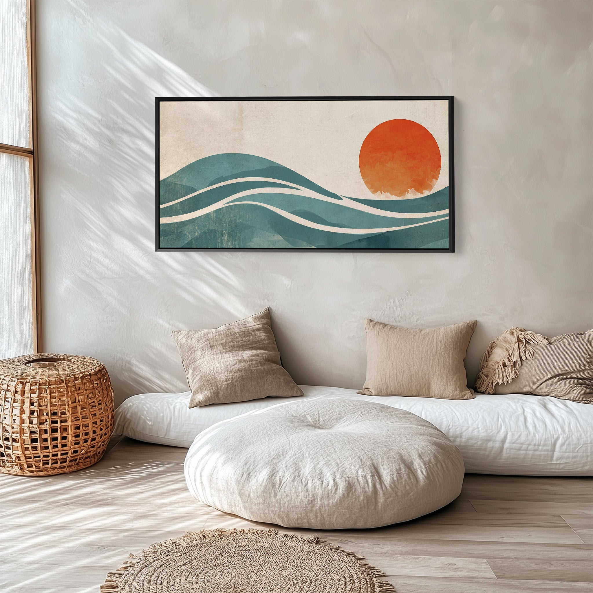 Panoramic Wall Art Minimalist Sun And Waves Framed Canvas Print For Hallway