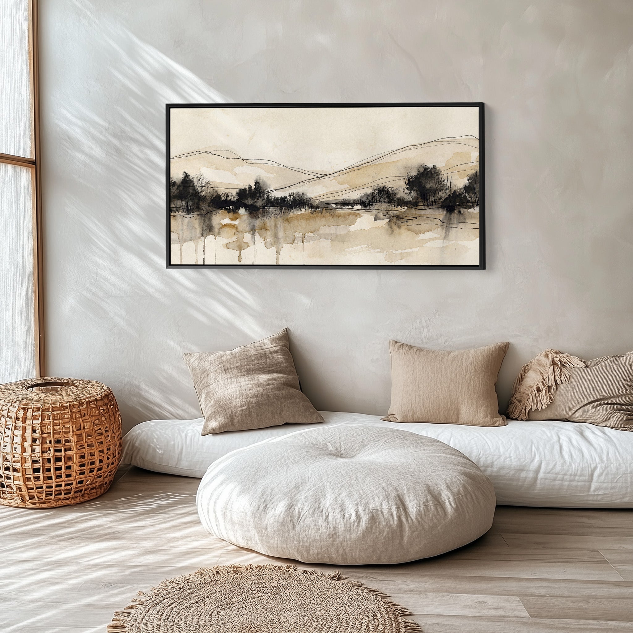 Minimal Ink Landscape Long Wall Art Panoramic Canvas Print Living Room