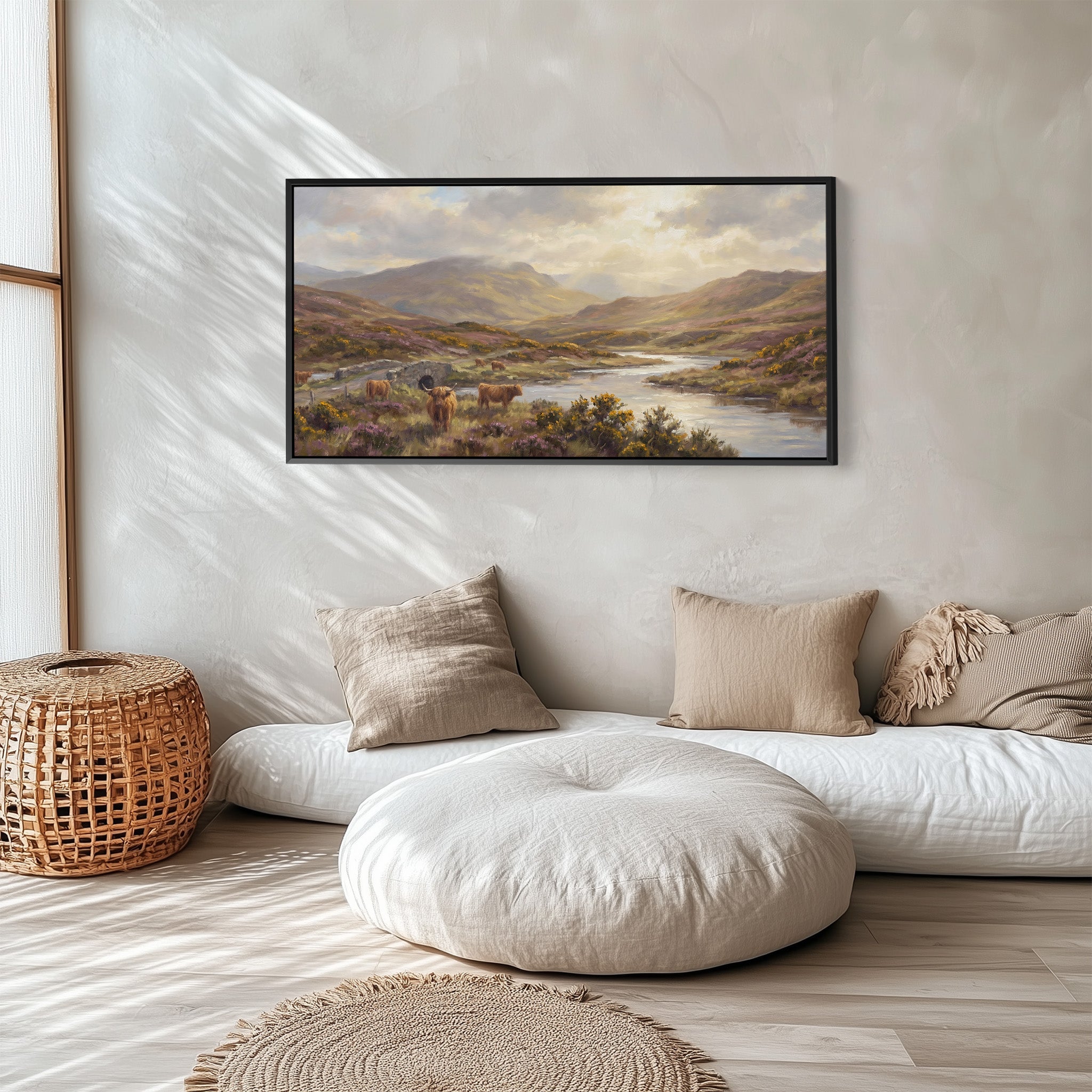 Highland Cows above soft wall art Extra Wide Canvas Office