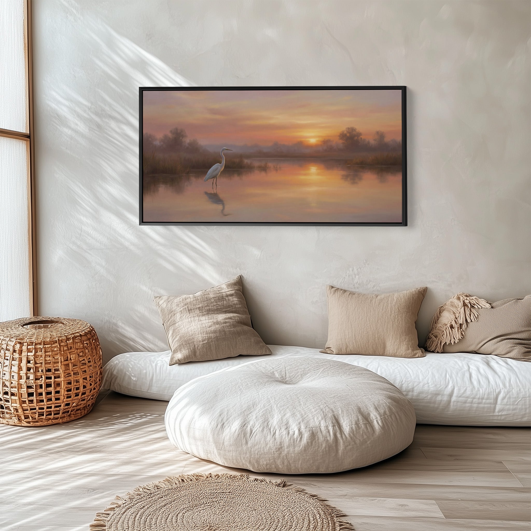 White Heron At Sunrise Horizontal Wall Art Oversized Wall Decor For Office