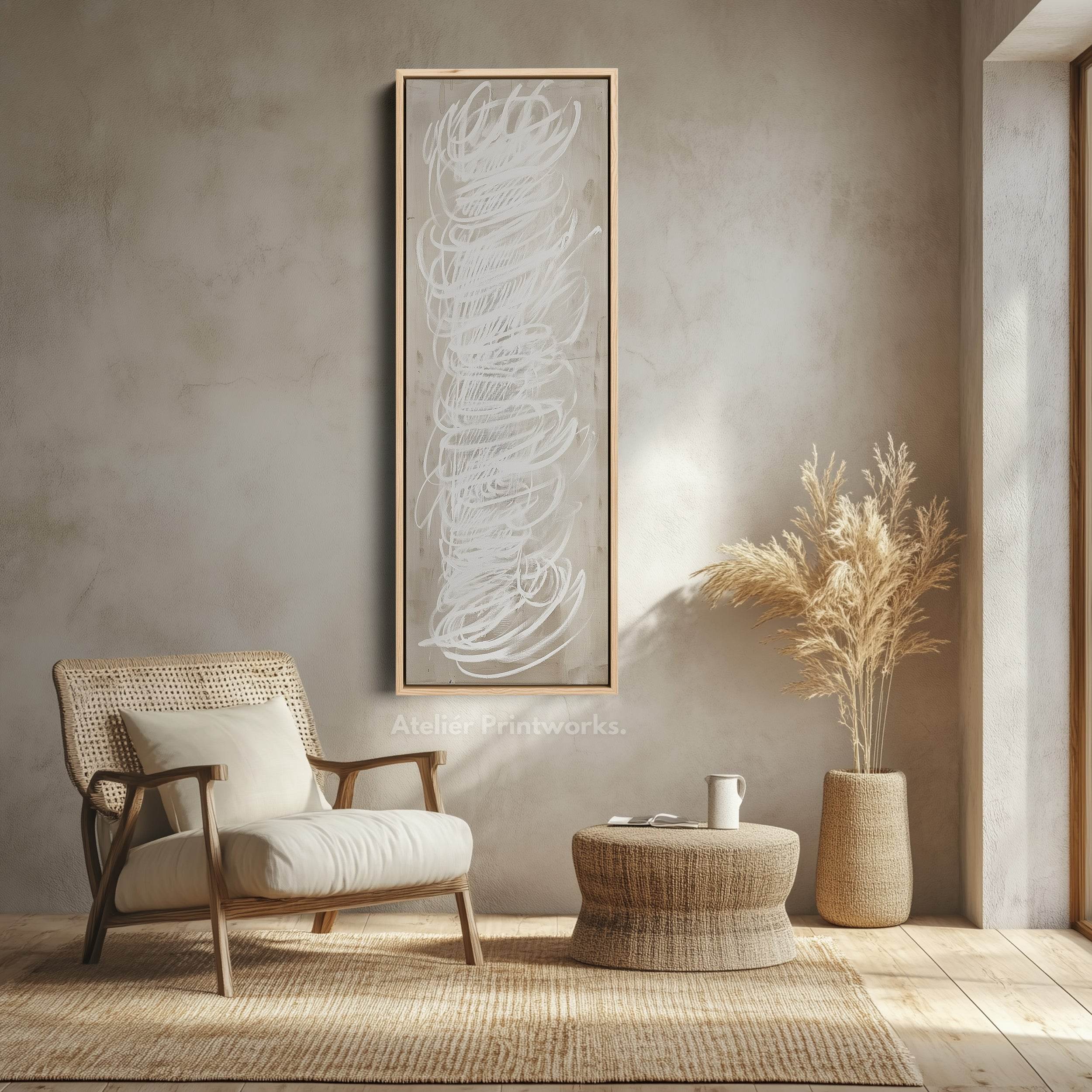 Abstract White Minimalist Long Vertical Framed Canvas Wall Decor