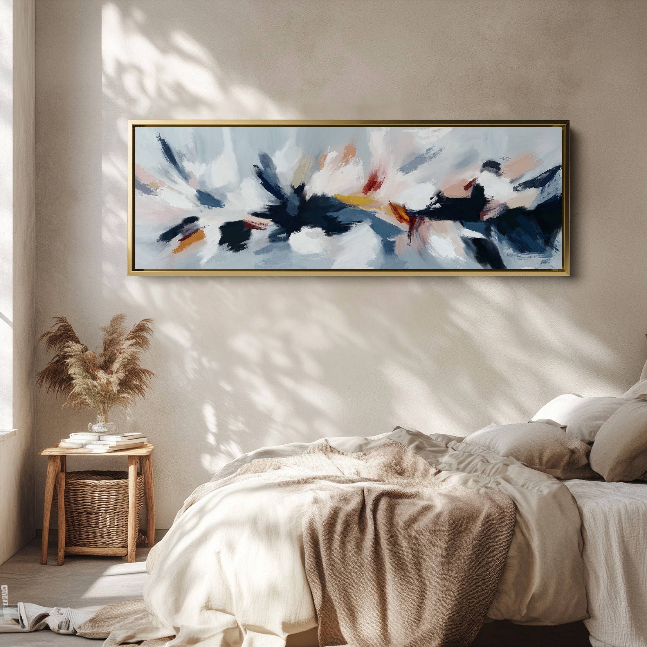 Abstract Blue, White & Pink Horizontal Long Wall Art