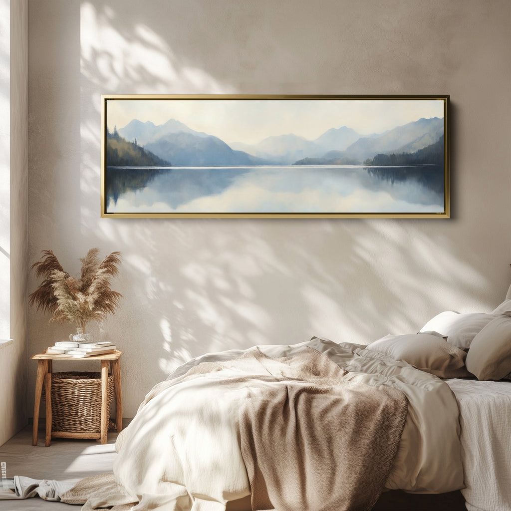 Horizontal Wall Art Misty Mountain Lake Long Canvas For Bedroom