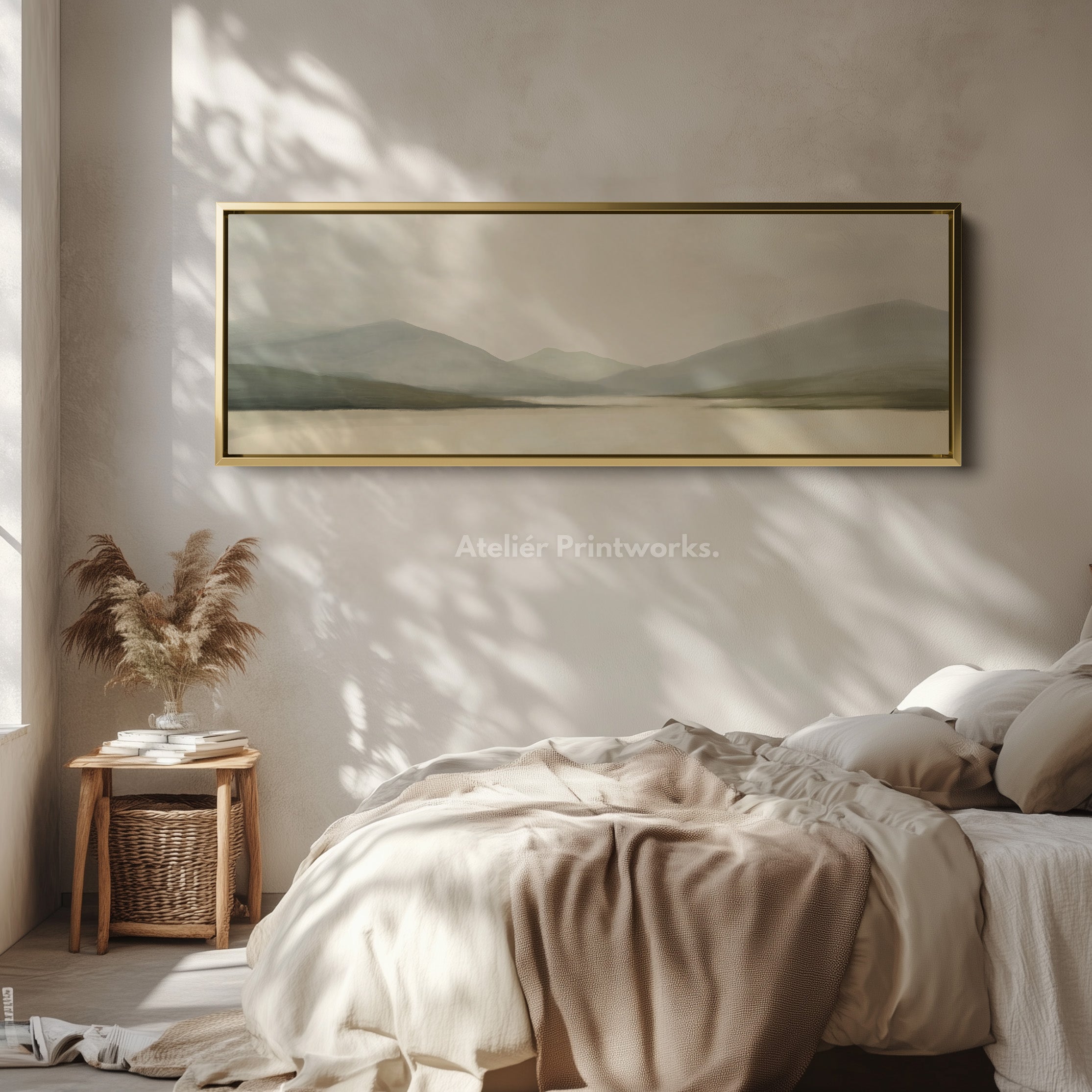 Watercolor Mountain and Lake Long Horizontal Large Canvas Wall Art