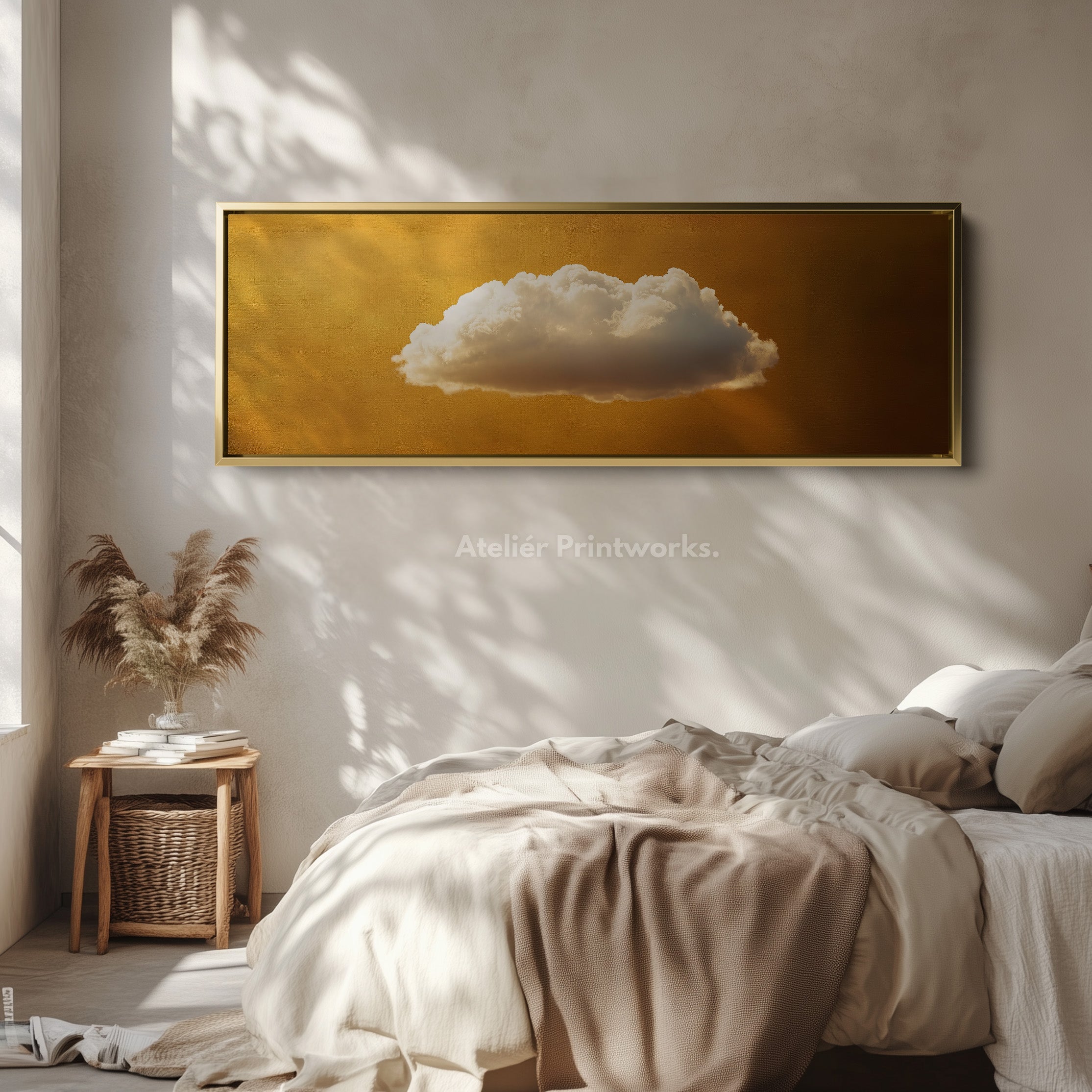 Above Bed Wall Art - Floating Golden Cloud Minimalist Horizontal Wall Art