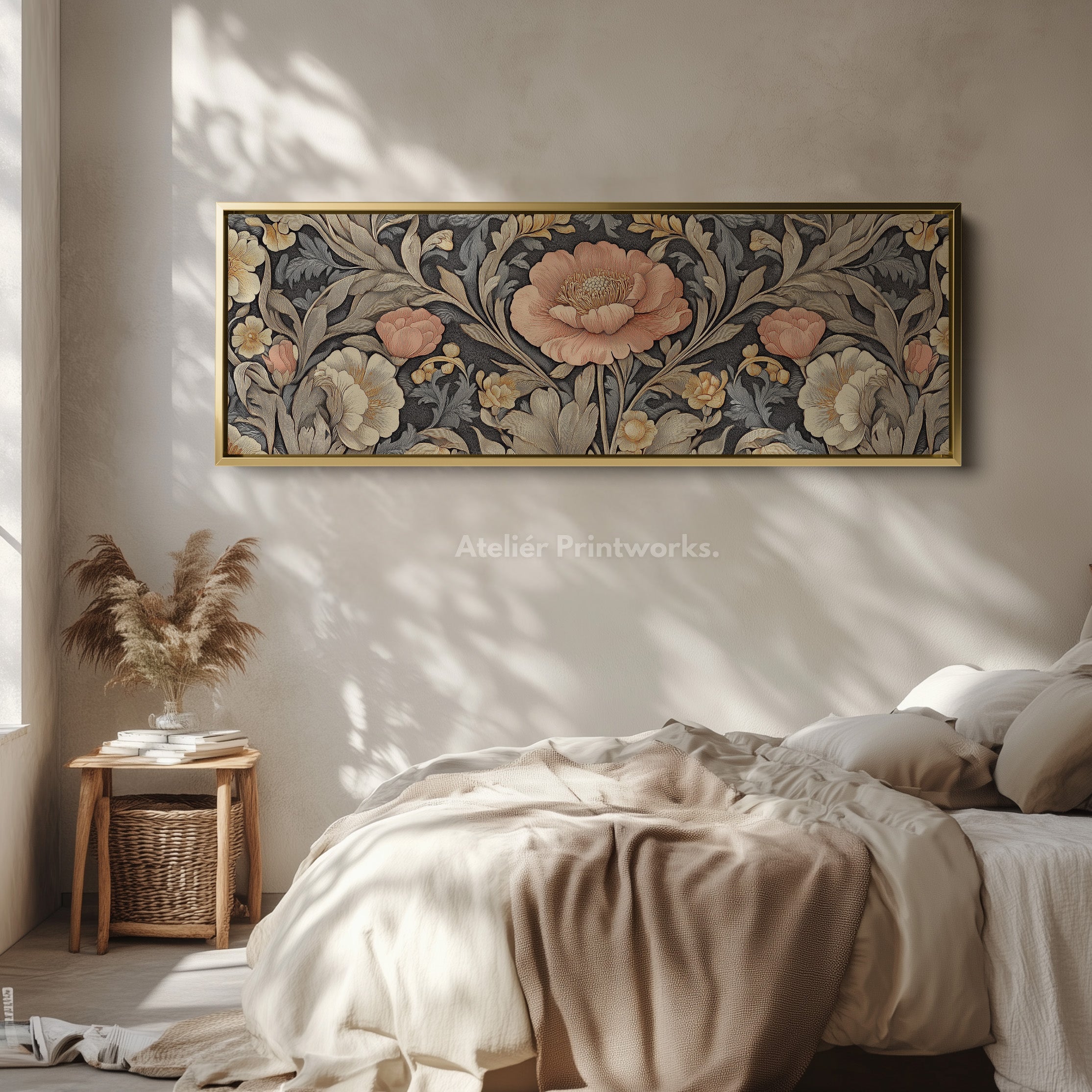 Vintage Floral Pattern Large Framed Canvas Long Narrow Horizontal Wall Art