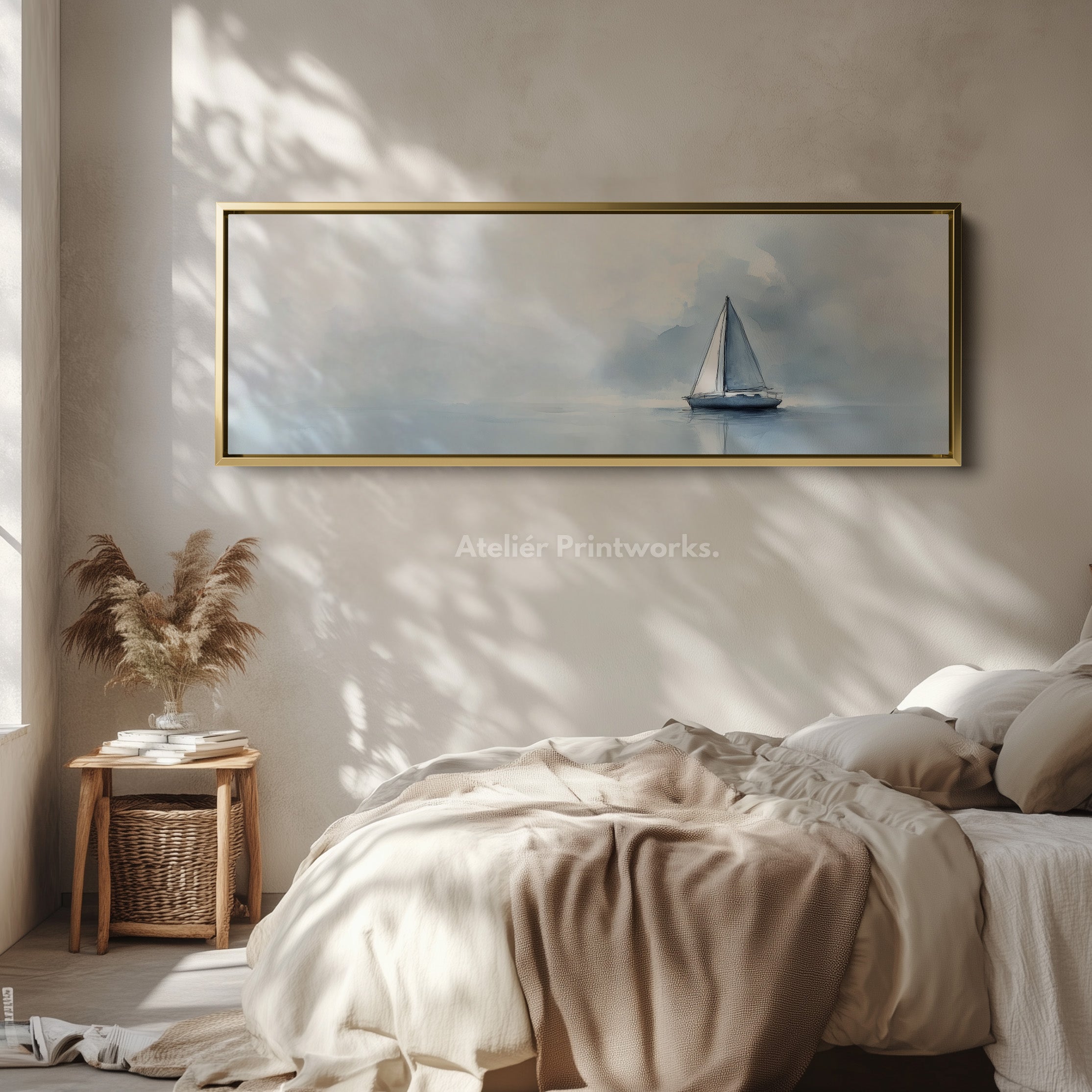 Sailboat Watercolour Large Framed Long Canvas Horizontal Wall Art