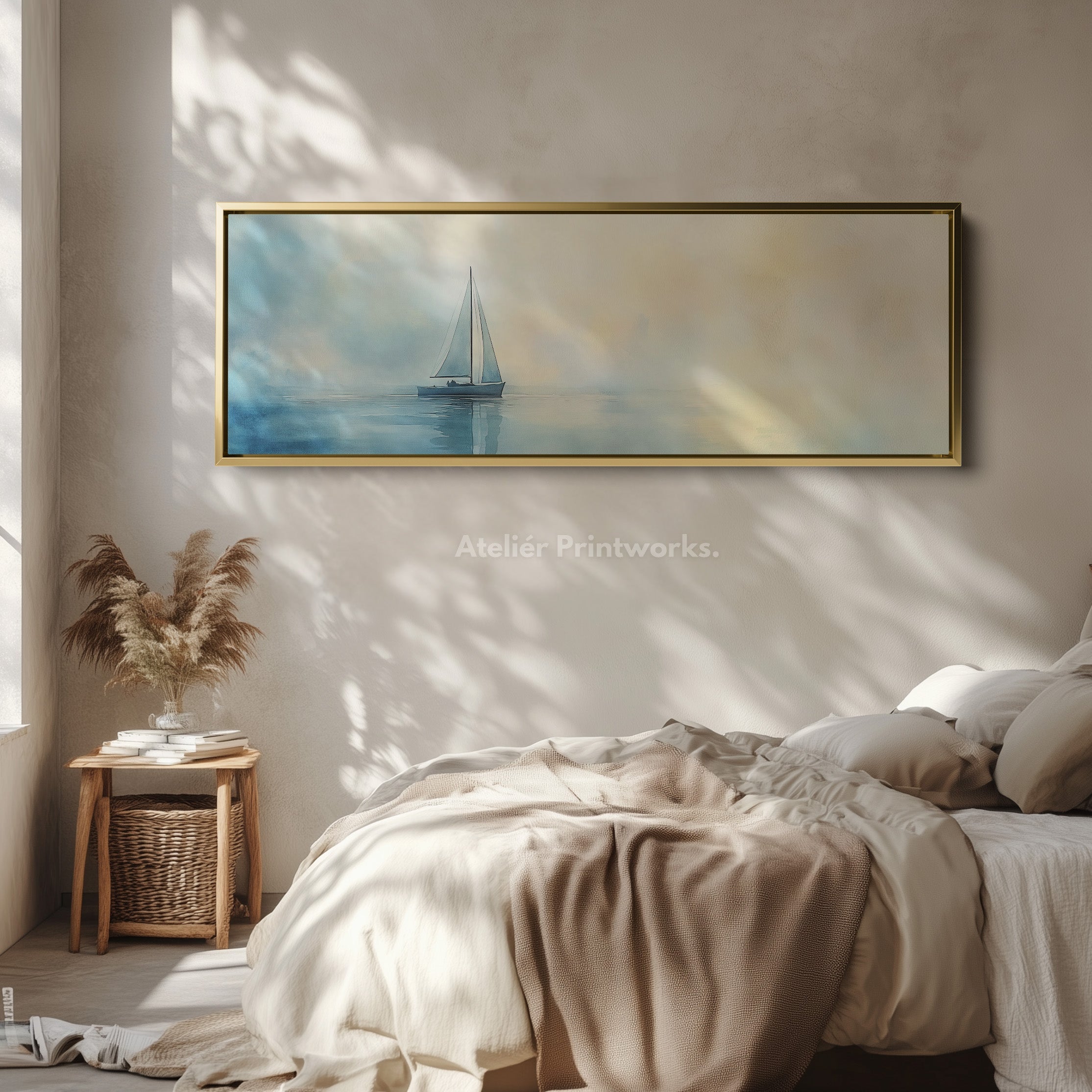 Calming Watercolour Sailboat Large Framed Long Canvas Horizontal Wall Art