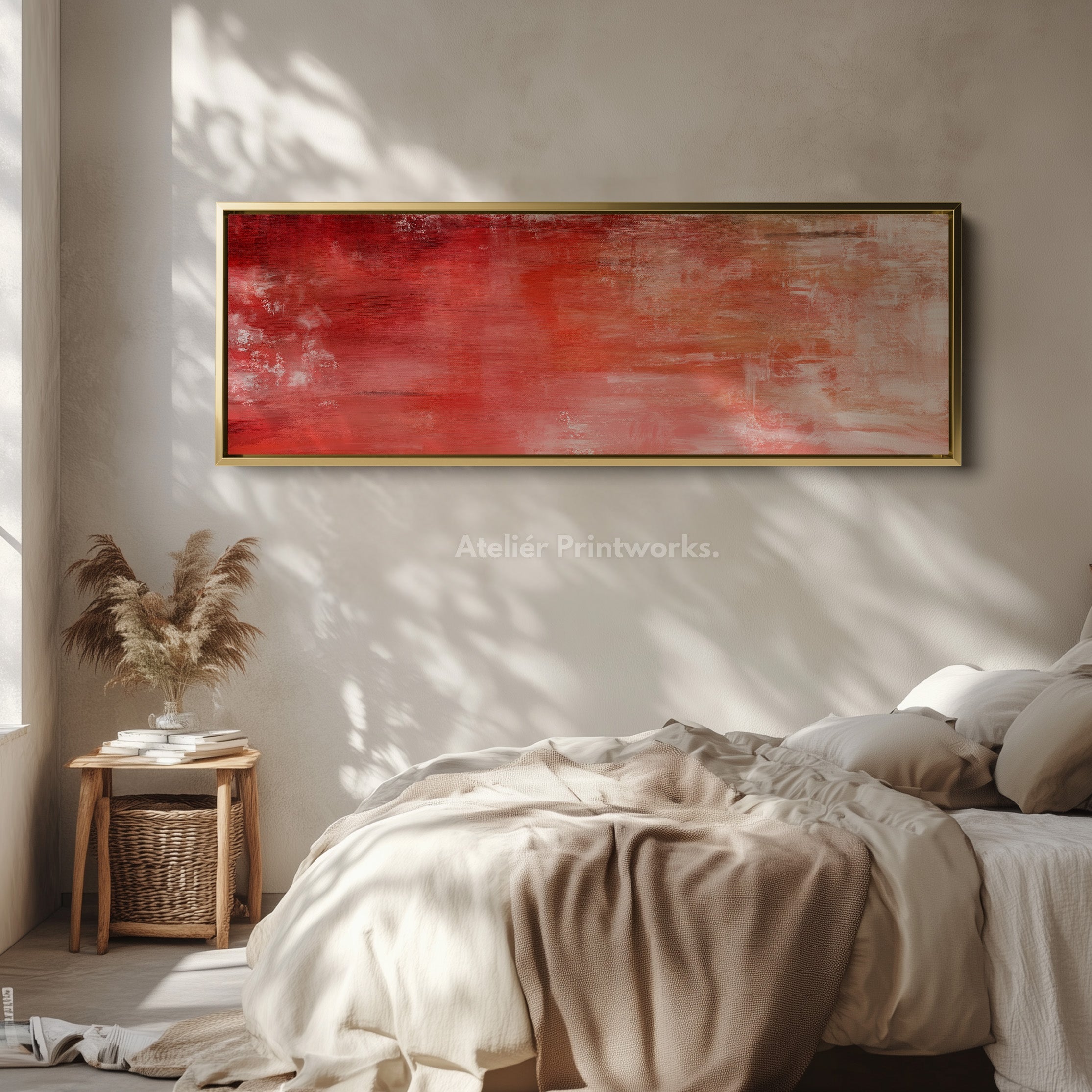 Abstract Red Long Horizontal Wall Art, Panoramic Wall Art Wide Wall Art