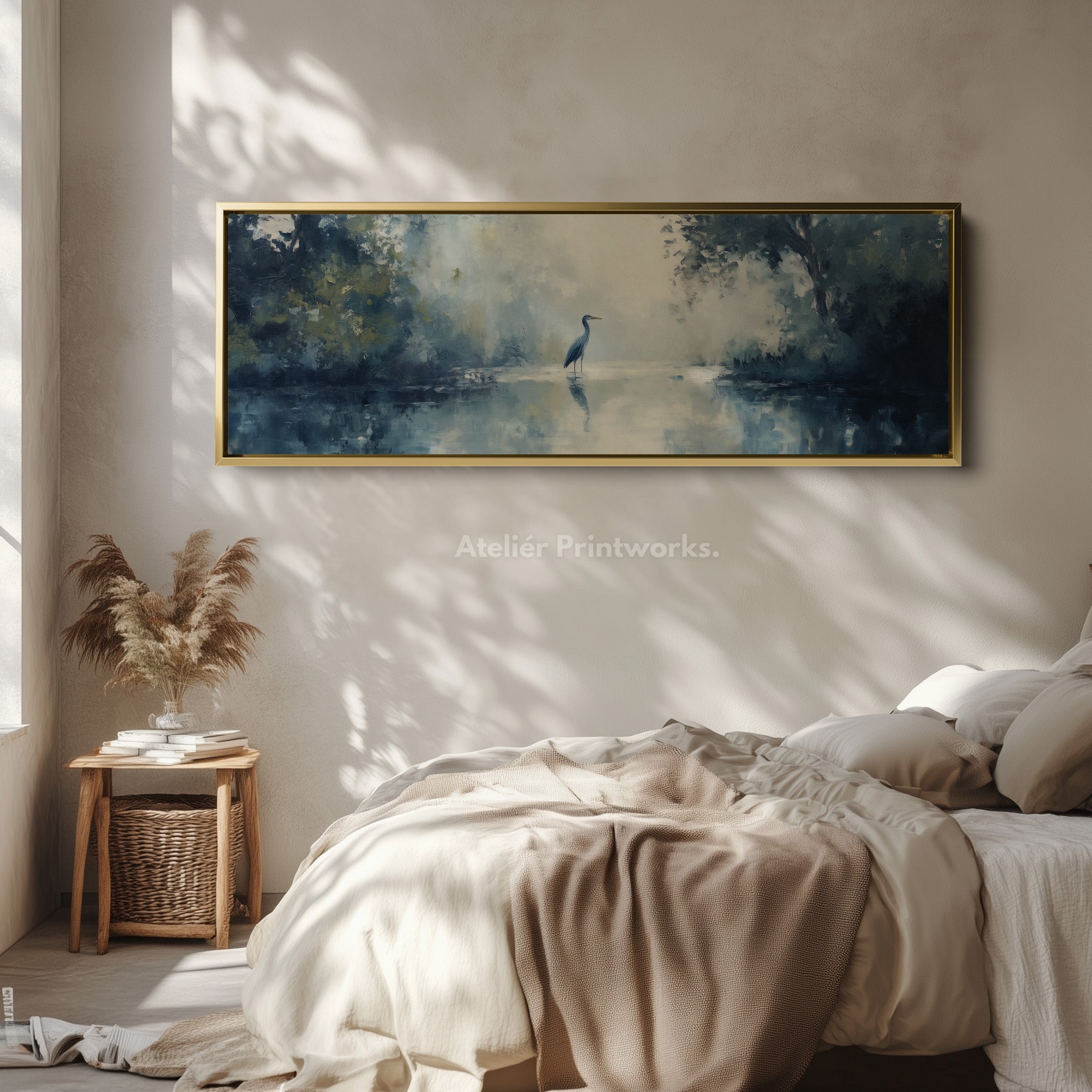 Muted Heron Long Horizontal Skinny Framed Canvas