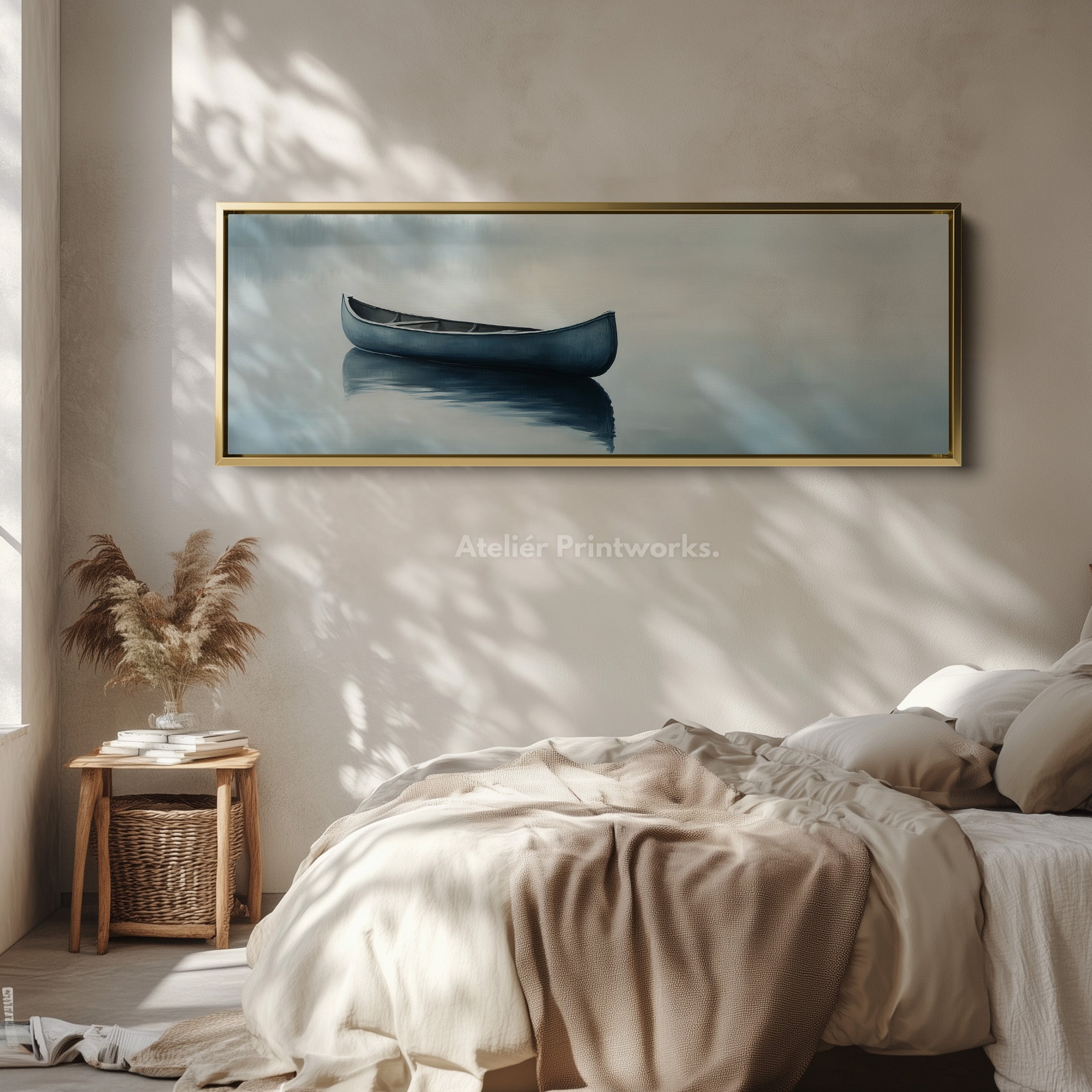 Misty Lake Canoe Wide Framed Above Bed Wall Art