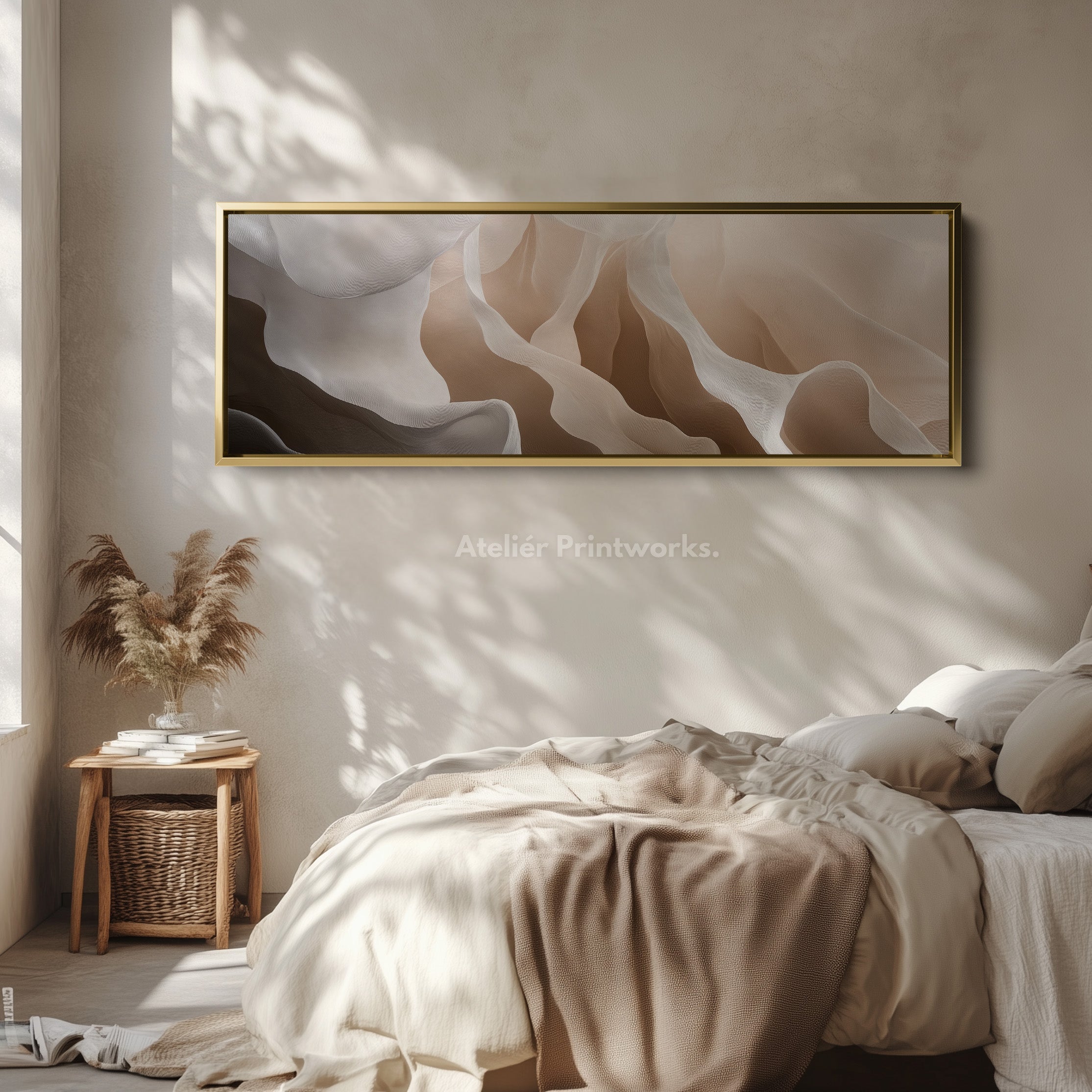Beige & White Abstract Above Bed Long Narrow Horizontal Wall Art