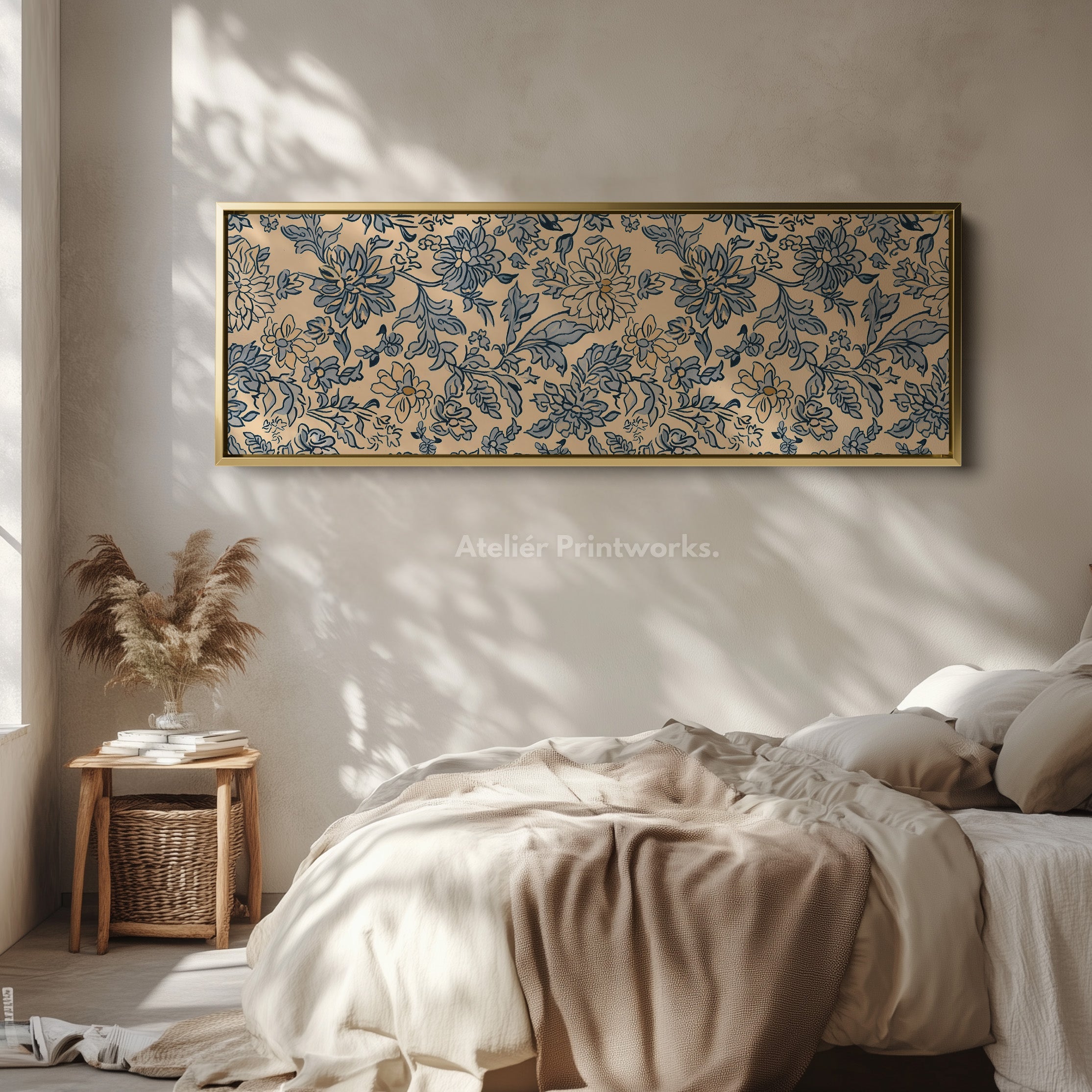 Vintage Blue & Beige Panoramic Large Framed Wall Decor
