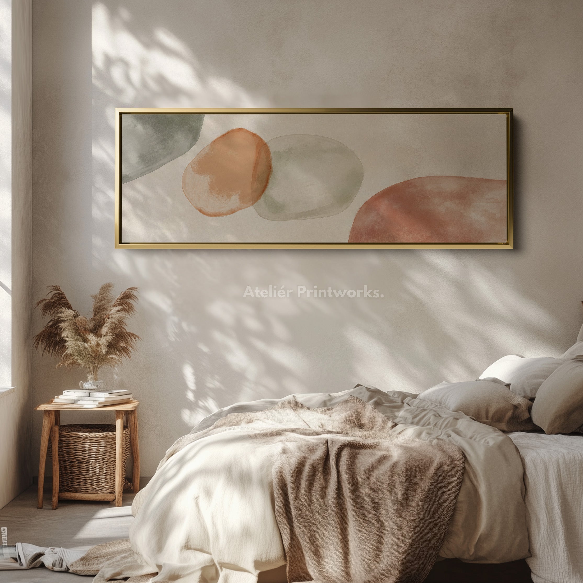 Beige & Green Abstract Panoramic Large Framed Wall Decor
