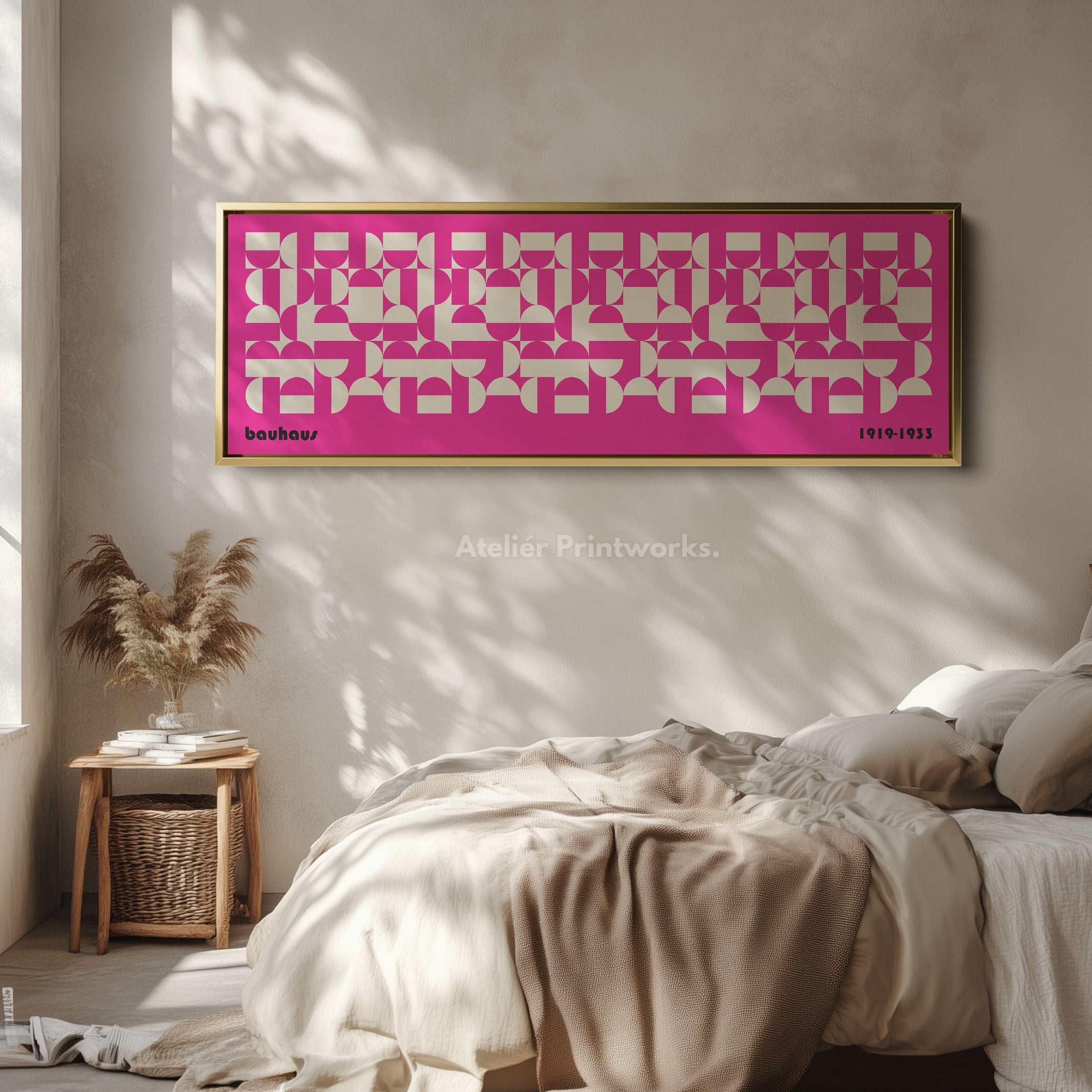 Large Framed Long Wall Art Pink Mid Century Bauhaus