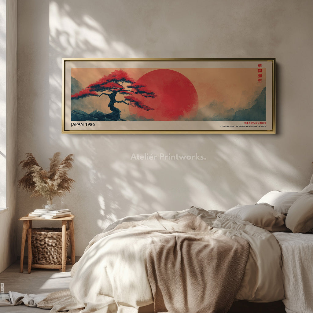 Red Sun and Bonsai – Long Narrow Japandi Wall Art Japanese Tree Landscape Canvas