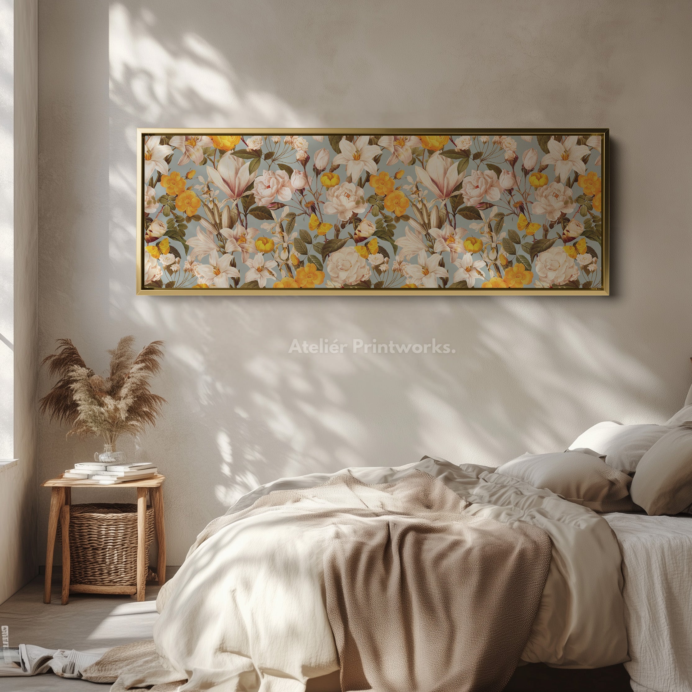 Wide Tropical Floral Parrot Canvas Art for Living Room or Hallway