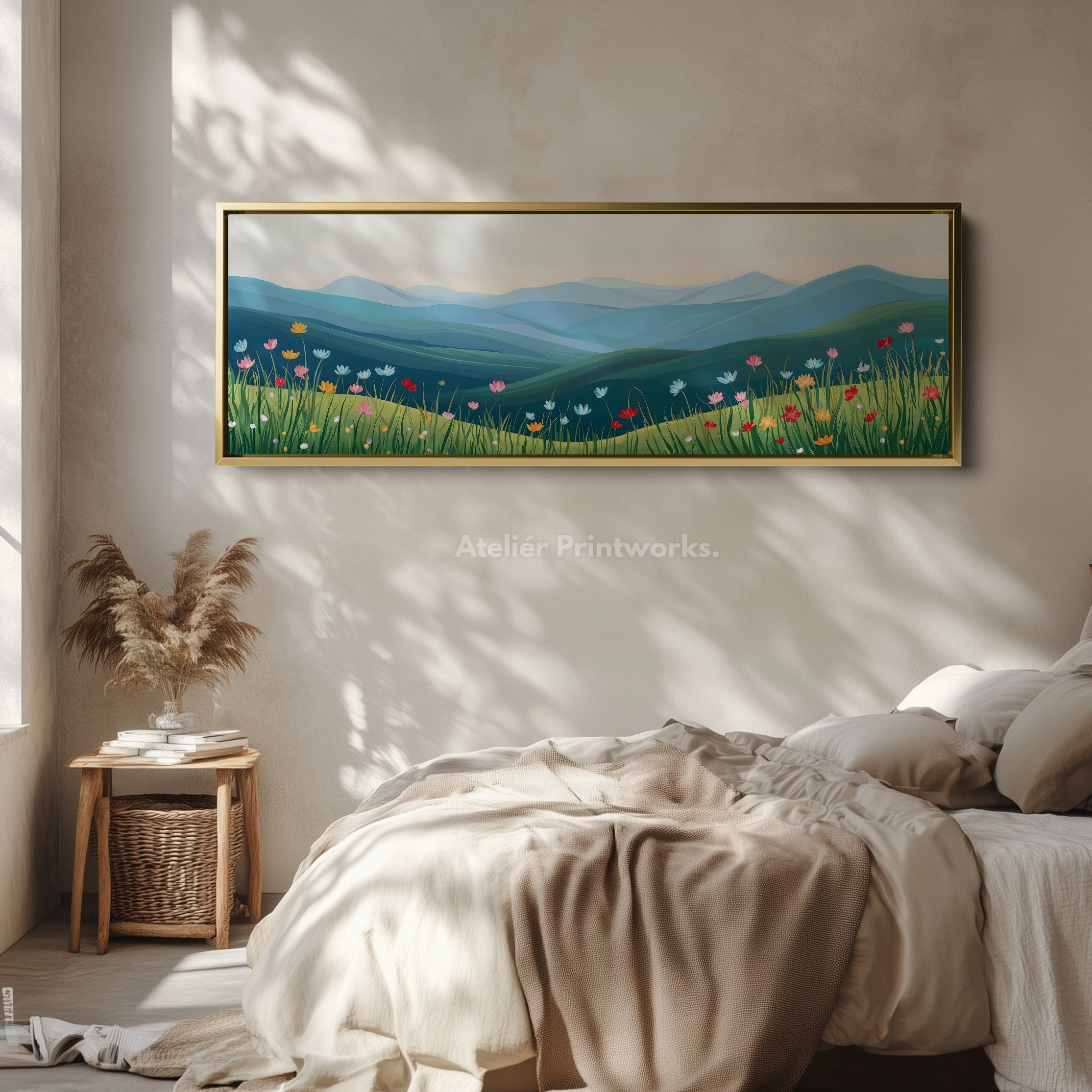 Horizontal Landscape Wall Art Green Blue Long Canvas Above Bed Scenic Nature Print
