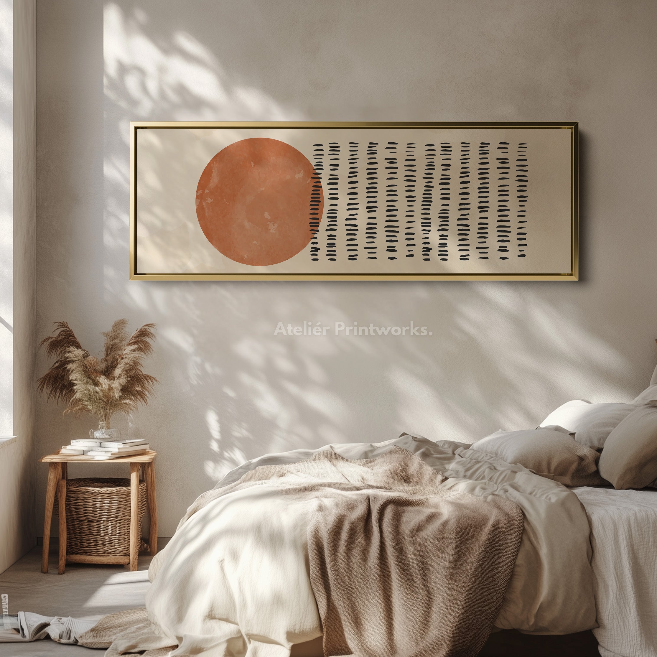 Long Narrow Canvas Warm Orange And Black Geometric Wall Art For Bedroom Or Office
