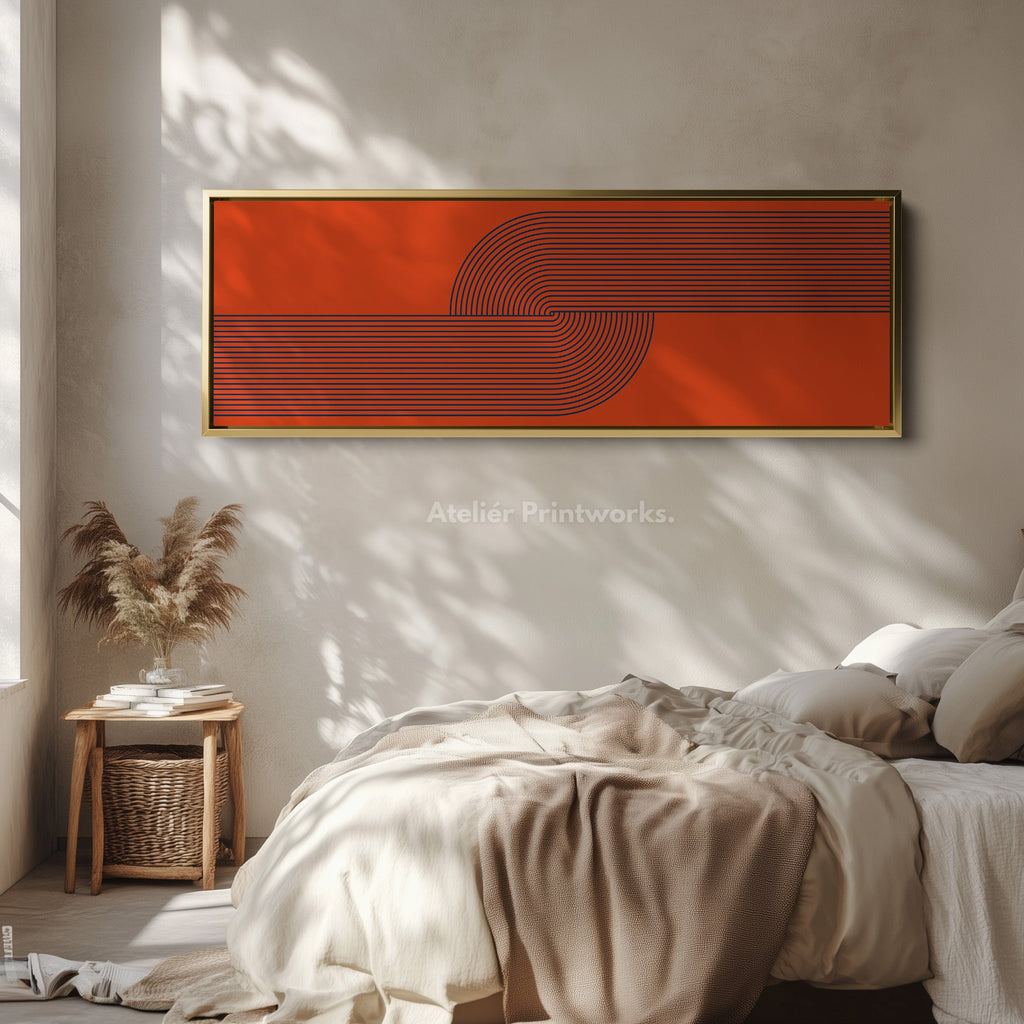 Panoramic Wall Art Orange And Navy Blue Mid Century Line Design For Living Room