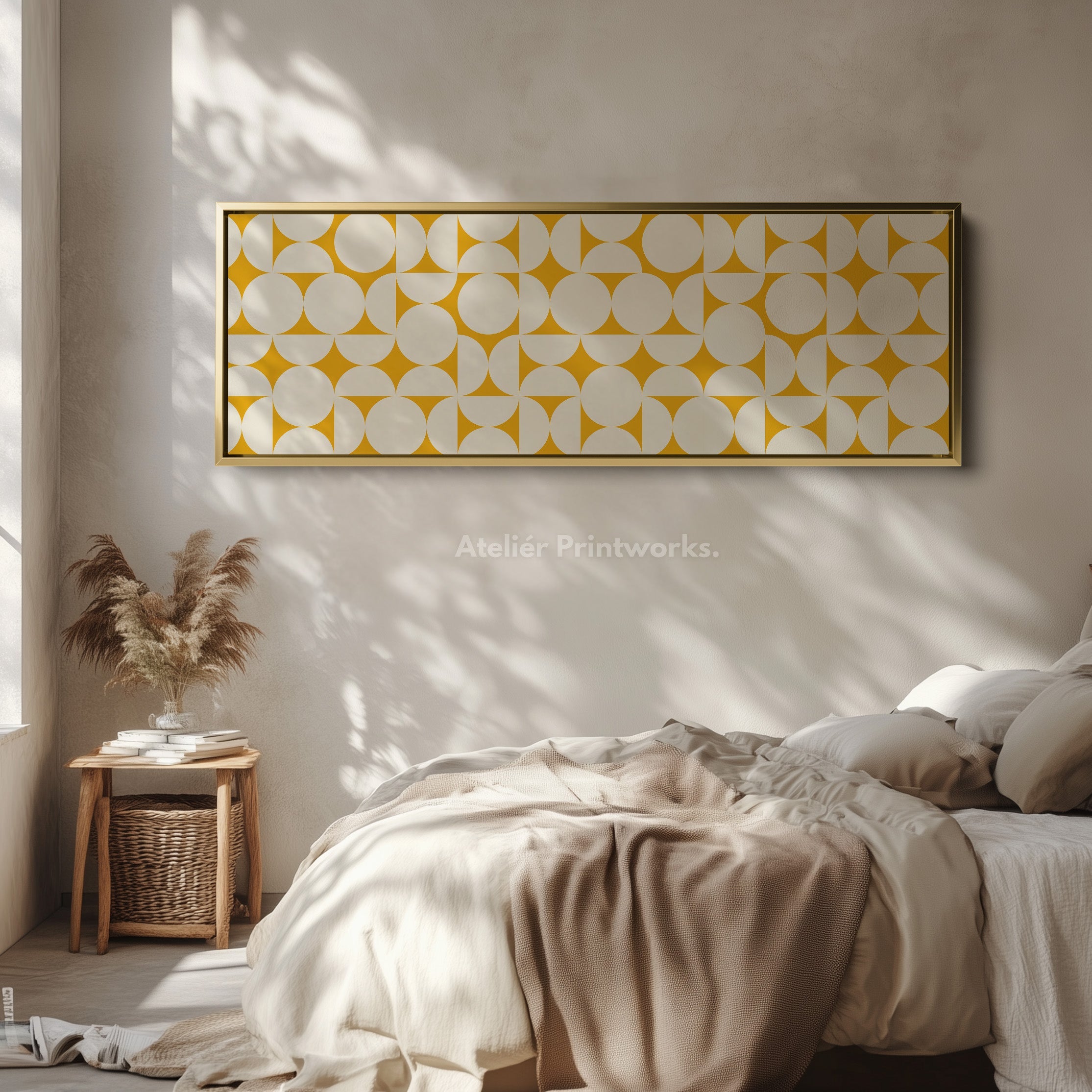Wide Geometric Wall Art Yellow Beige Panoramic Long Canvas