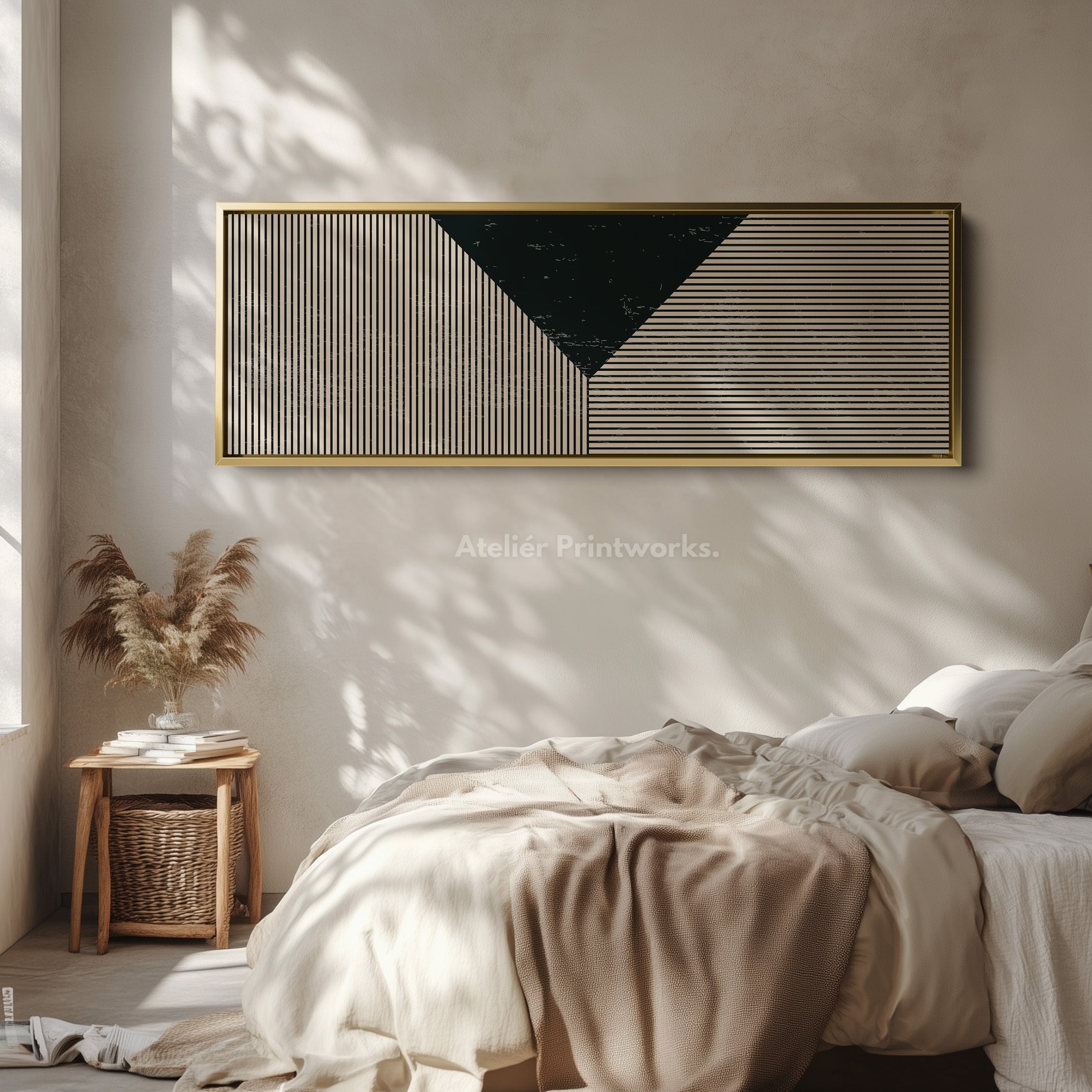Long Framed Canvas Black Beige Geometric Wide Wall Art
