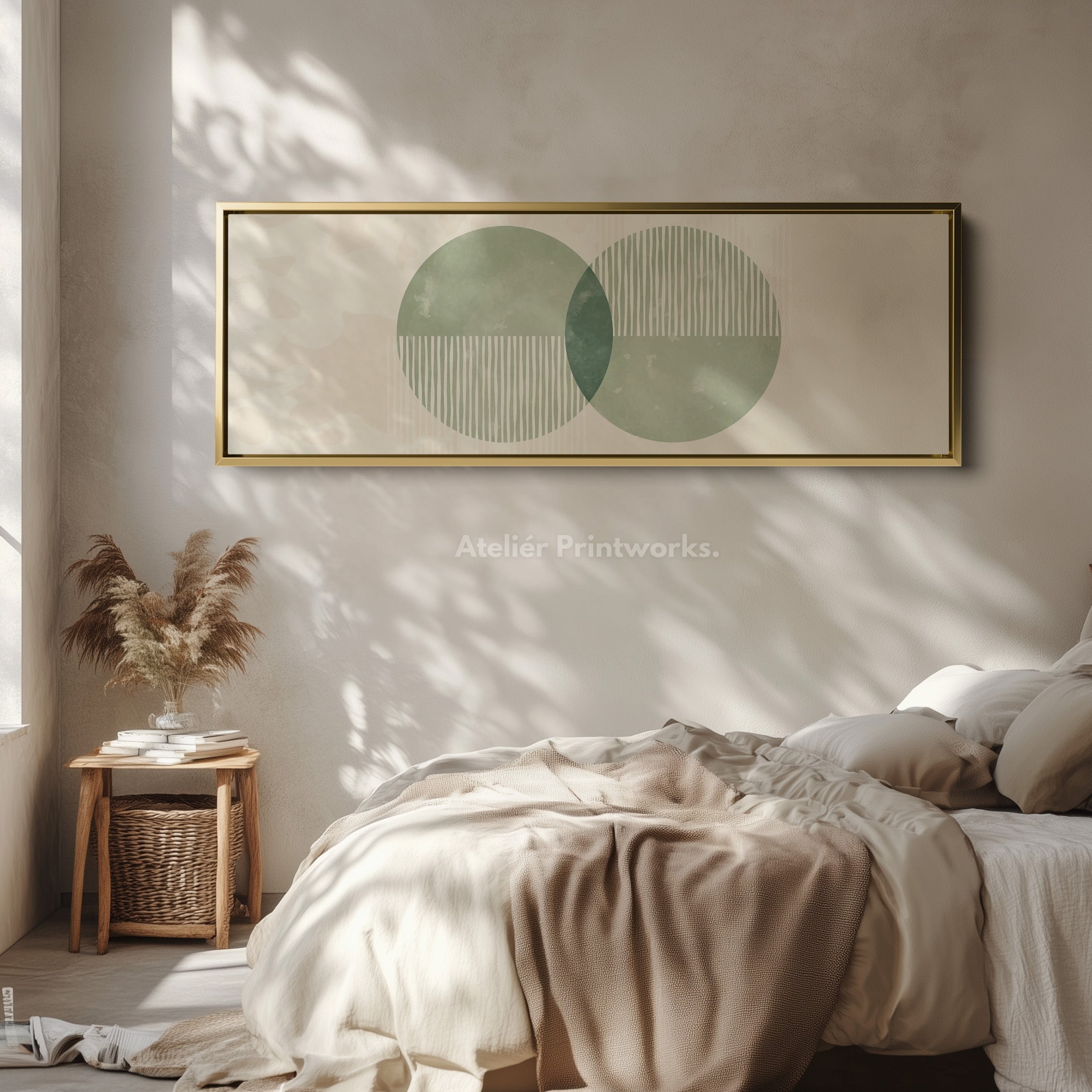 Panoramic Wall Art Dual Green Circles With Vertical Accents For Living Room