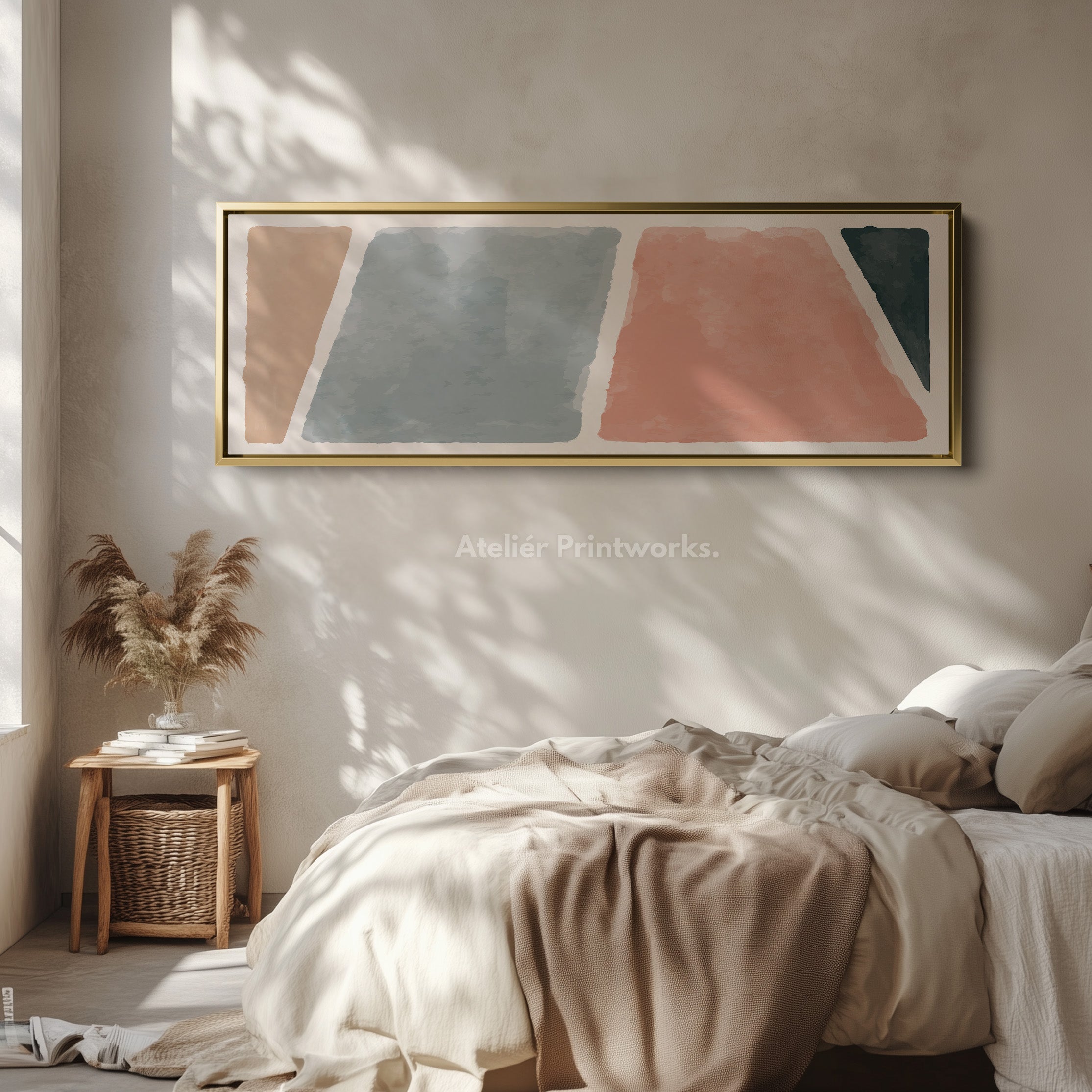 Wide Wall Art Soft Terracotta Blue Grey And Beige Modern Blocks