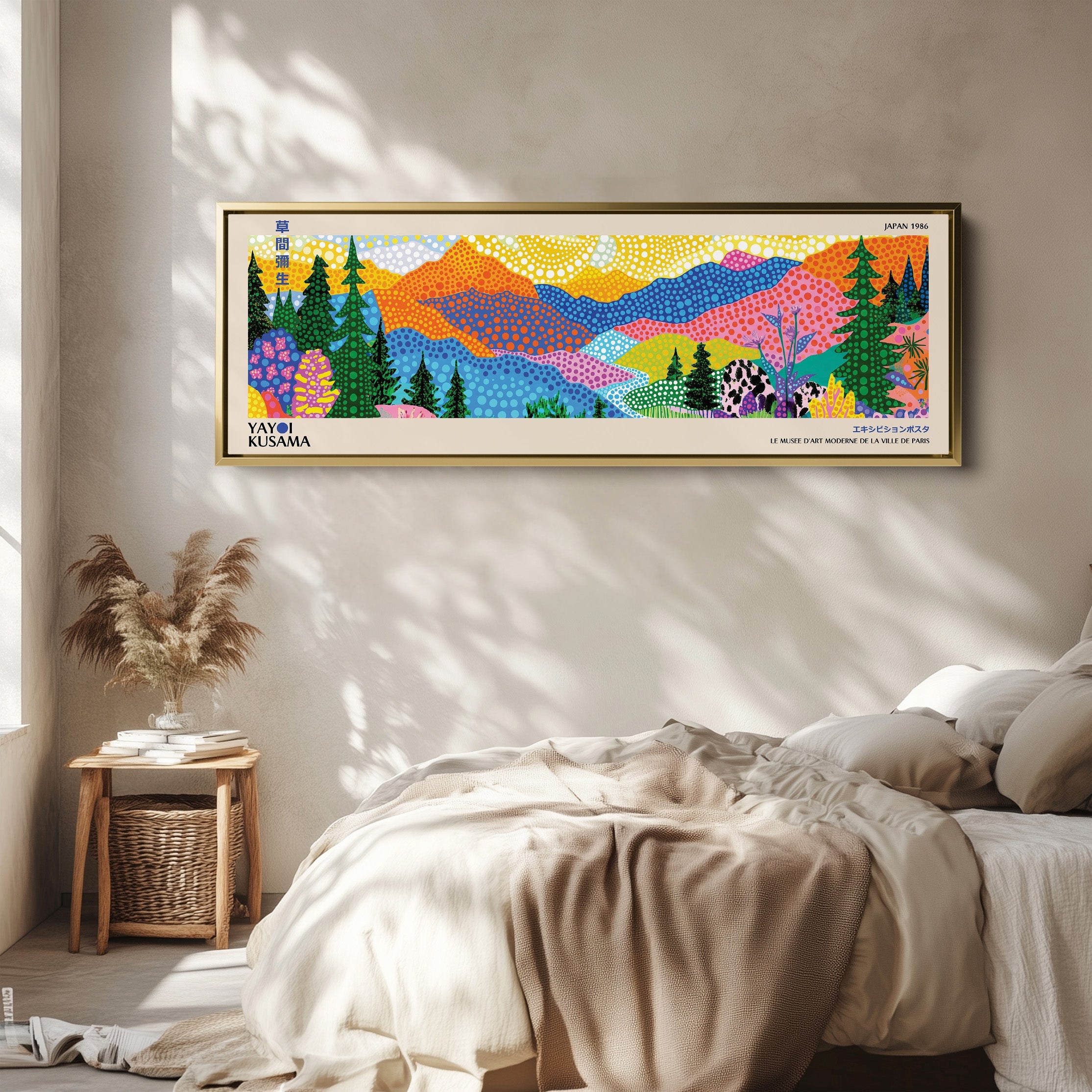 Yayoi Kusama Above Bed Wall Art Dotted Mountain Landscape Long Canvas For Bedroom