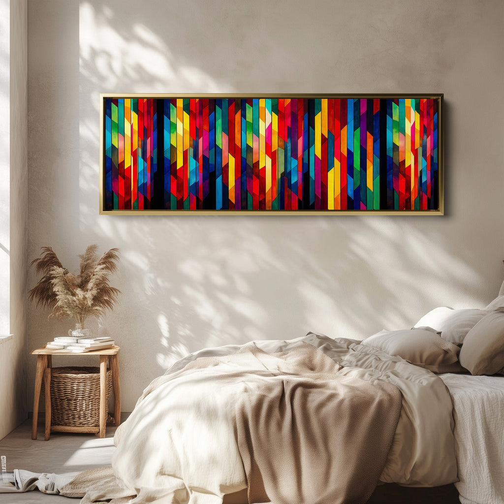 Long Framed Canvas Horizontal Geometric Colour Blocks Wide Canvas For Office