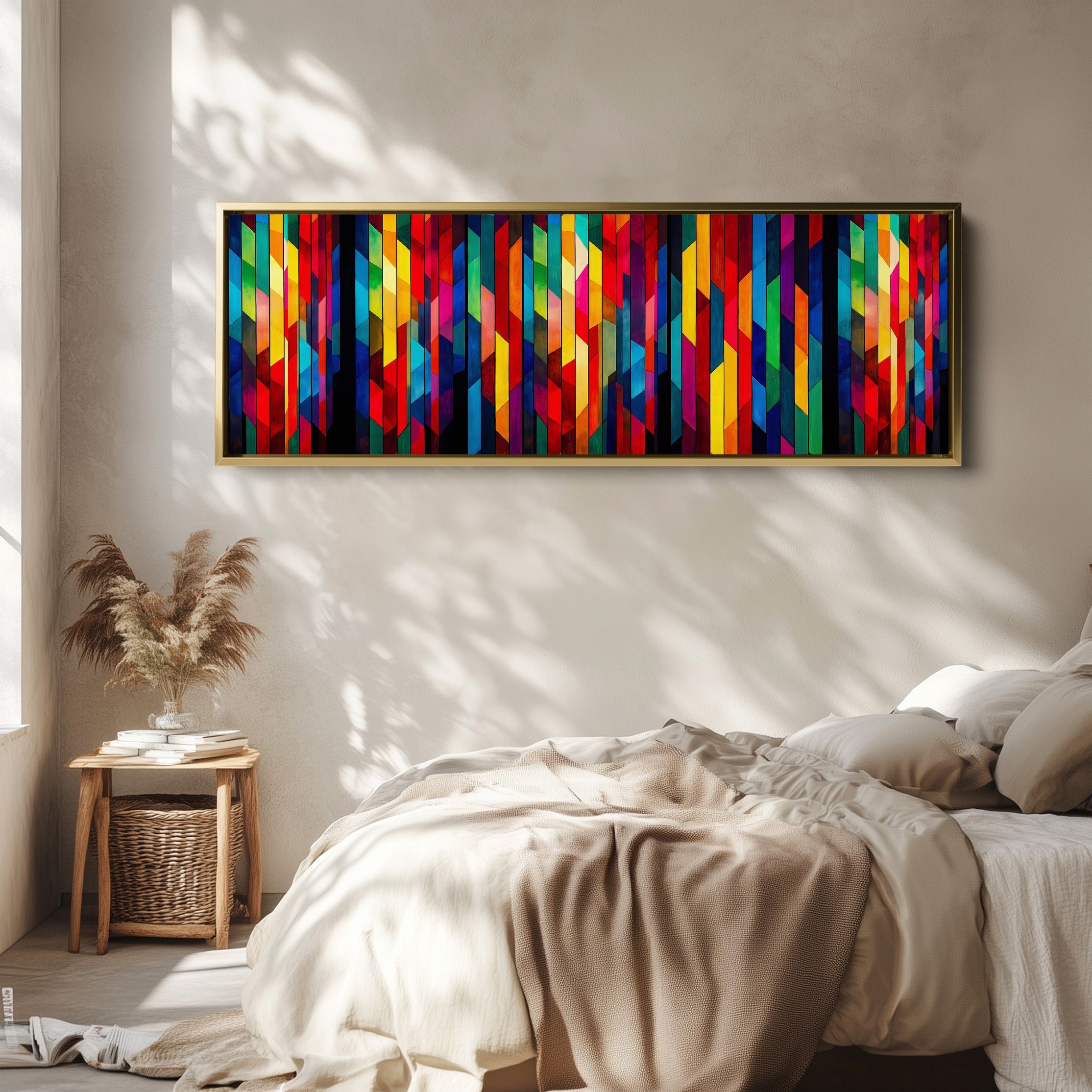 Long Framed Canvas Horizontal Geometric Colour Blocks Wide Canvas For Office