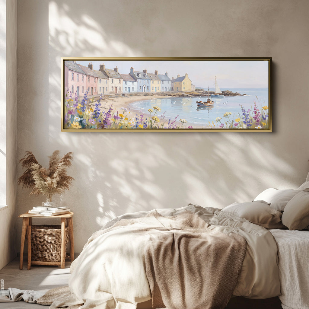 Panoramic Wall Art Pastel Seaside Cottages Long Canvas For Living Room