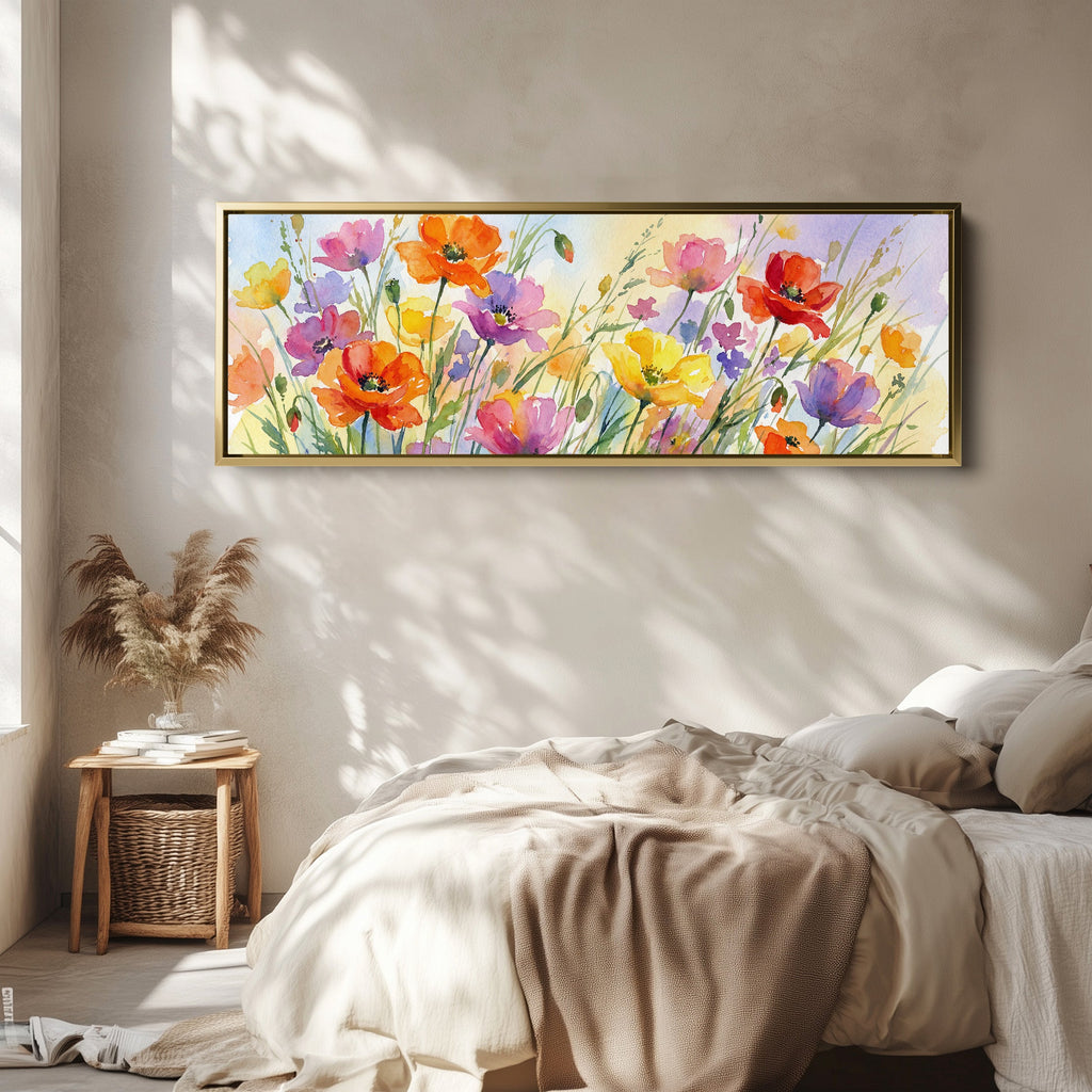 Horizontal Wall Art Watercolor Poppy Field Long Canvas For Living Room