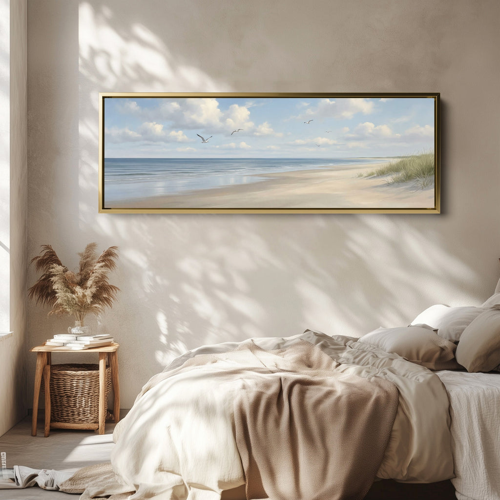 Horizontal Wall Art Calm Beach With Seagulls Panoramic Canvas Print Bedroom