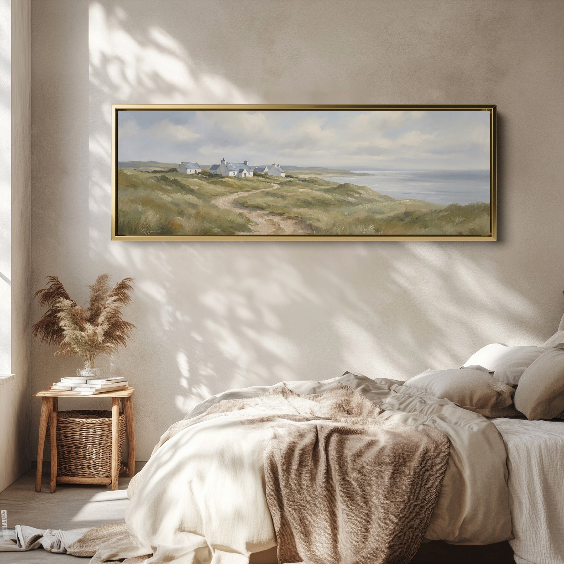 Coastal Cottages On Cliffs Horizontal Wall Art Panoramic Canvas Print Living Room