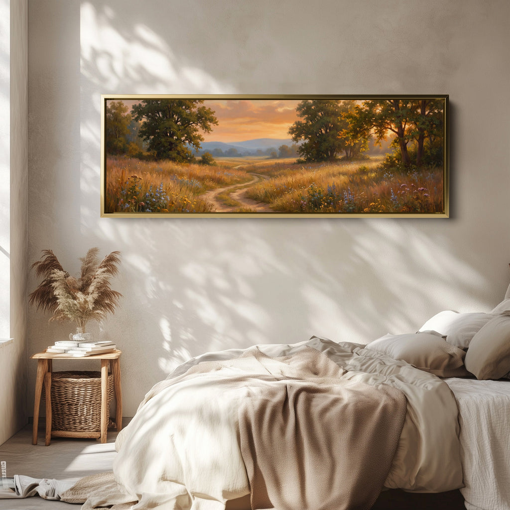 Golden Field At Sunset Wide Canvas Oversized Wall Decor Hallway
