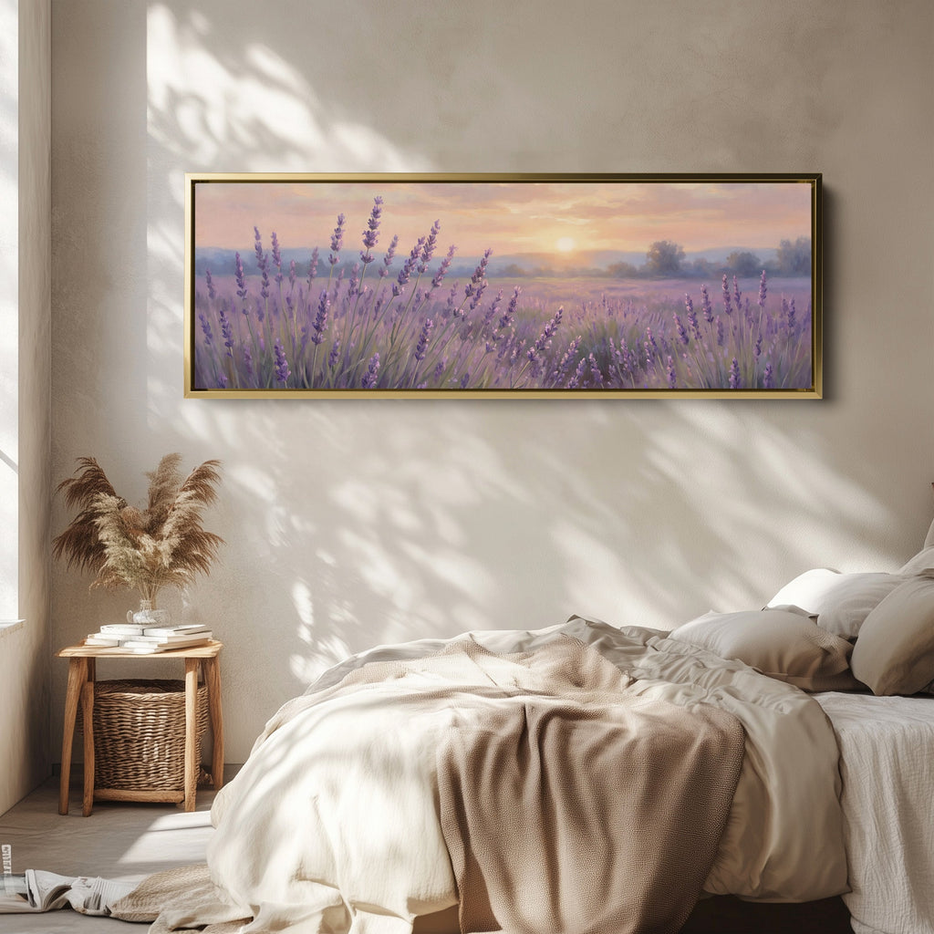 Lavender Field At Sunset Horizontal Wall Art Panoramic Canvas Print Bedroom