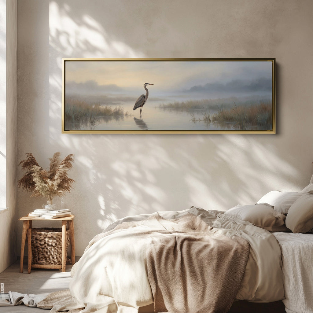 Heron In Misty Marsh Panoramic Wall Art Statement Wall Decor Office