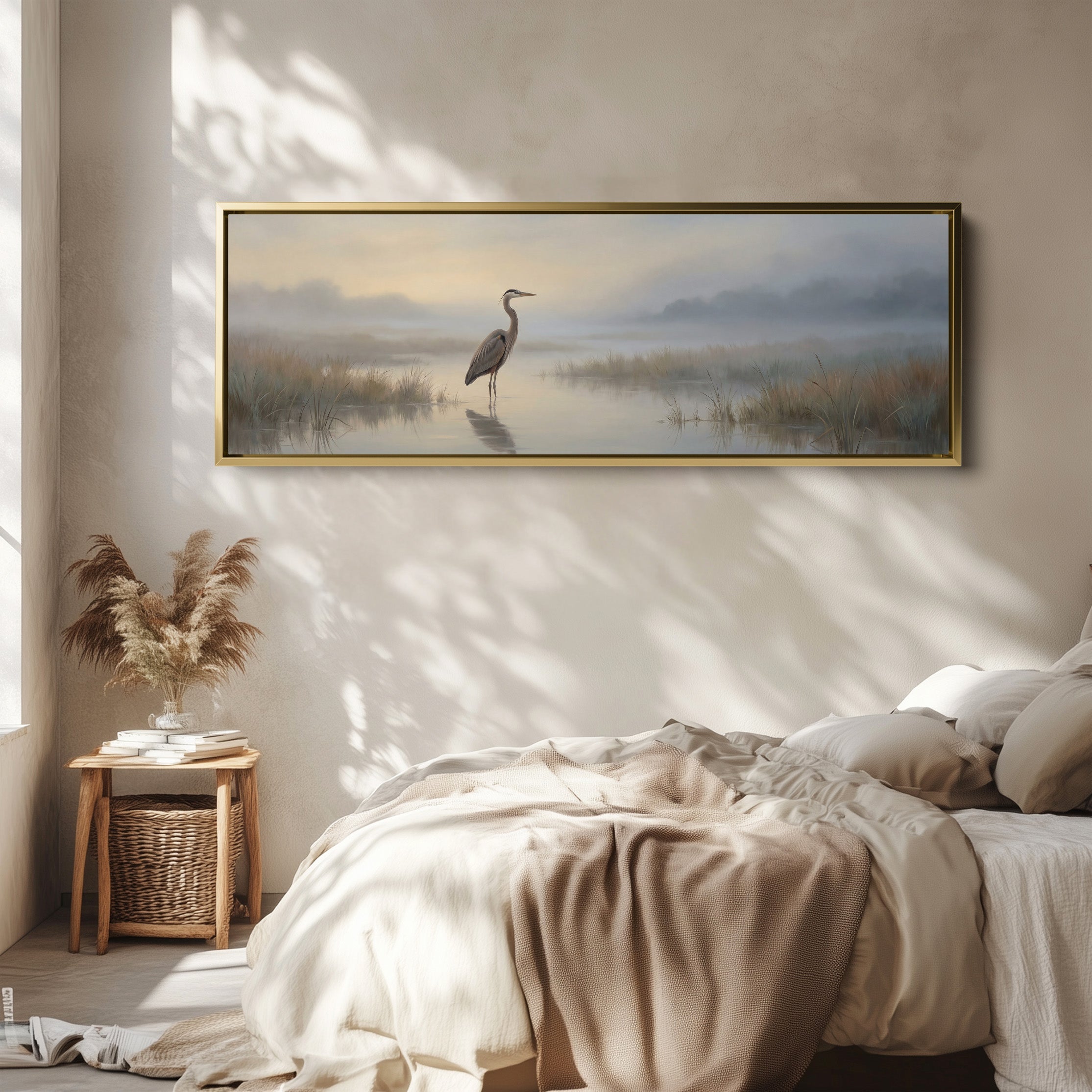 Heron In Misty Marsh Panoramic Wall Art Statement Wall Decor Office