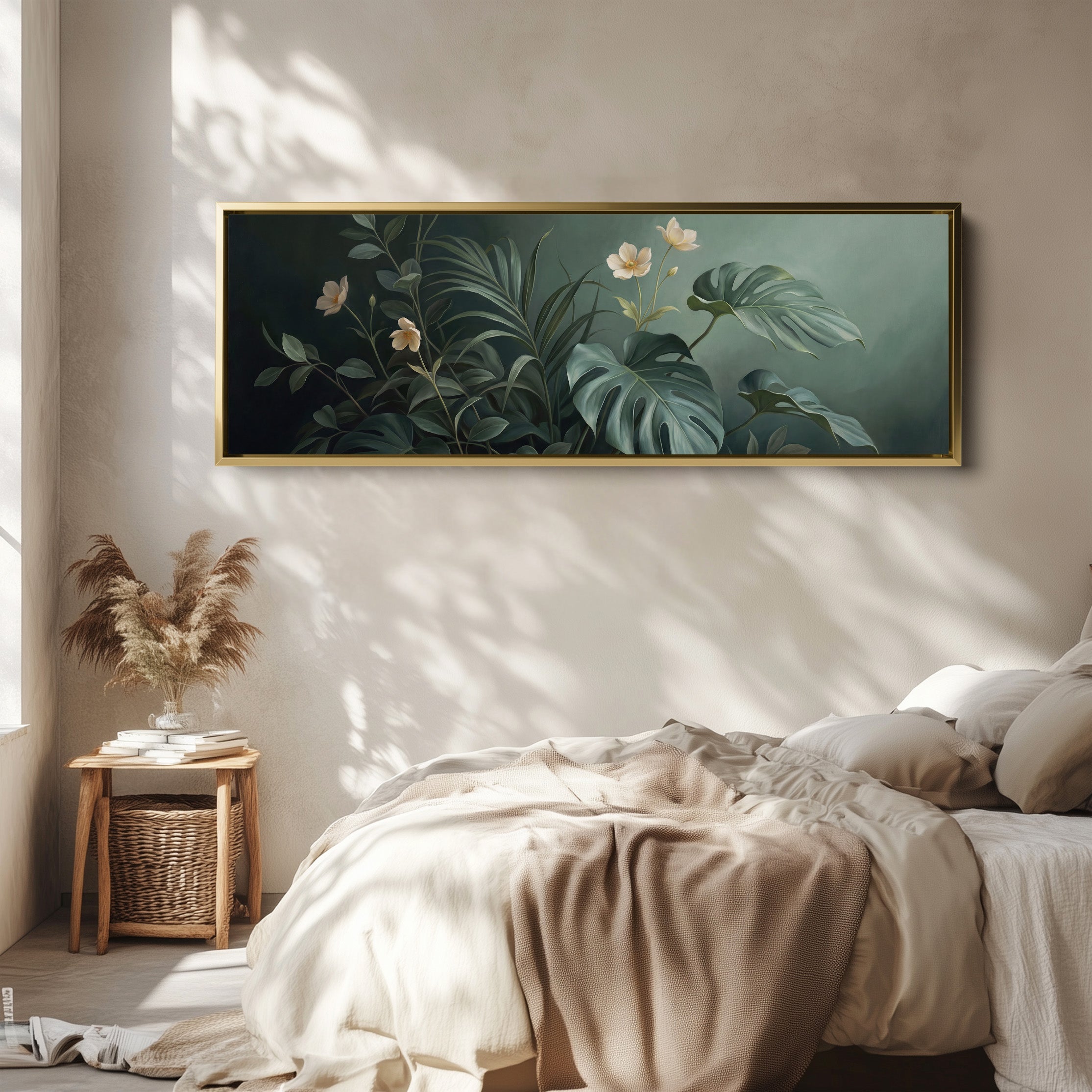 Tropical Leaves with White Flowers Horizontal Canvas Wall Art Statement Decor for Bedroom