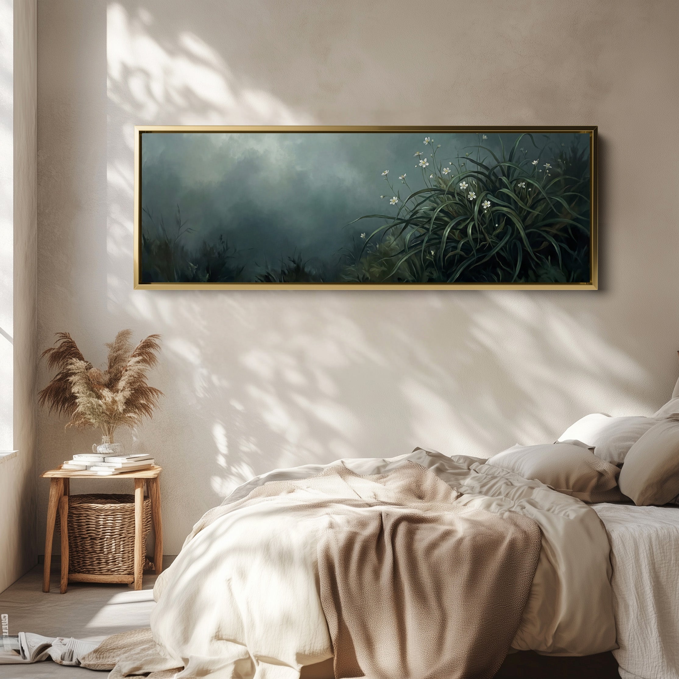 Long Wall Art White Flowers In Foliage Panoramic Canvas Print Living Room