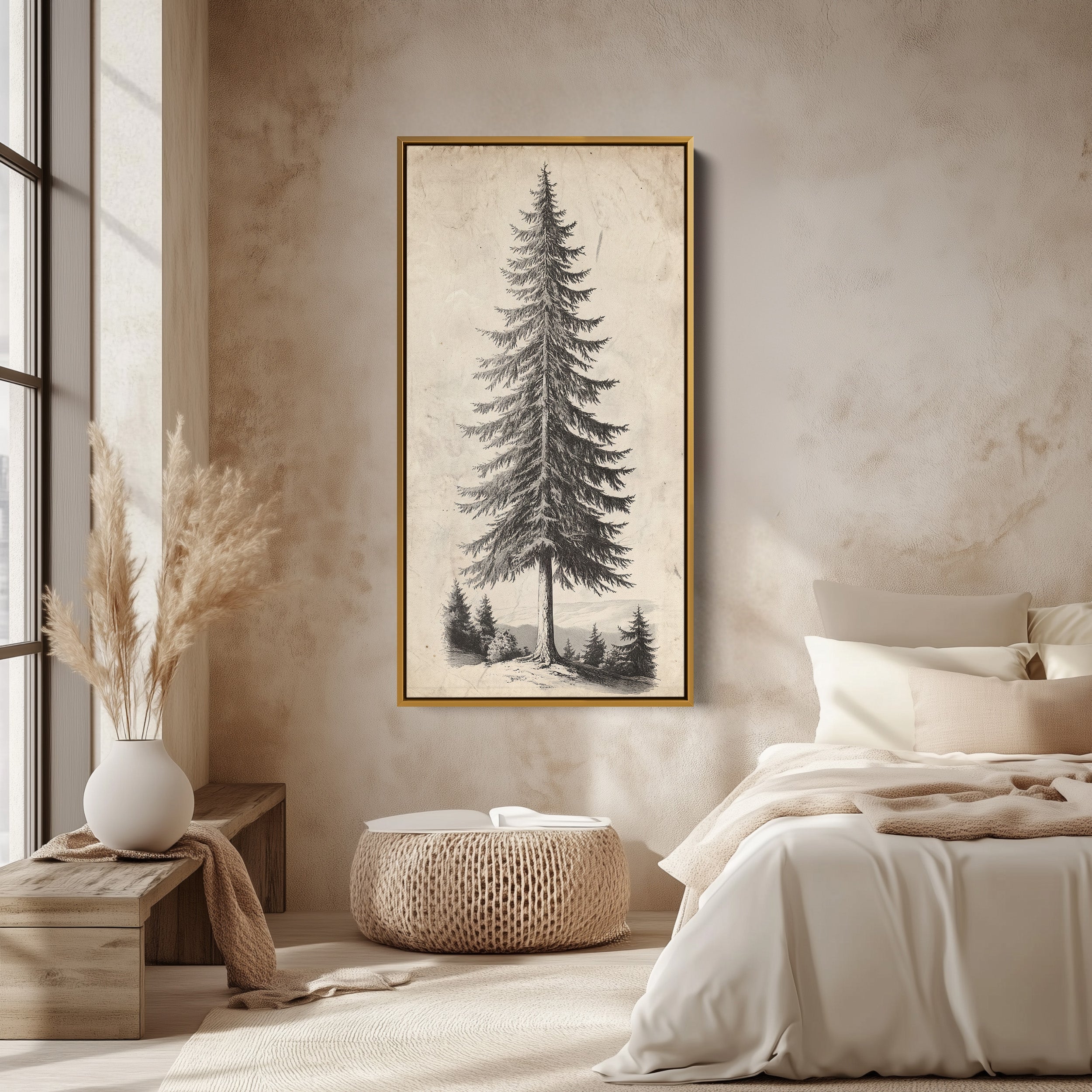Vertical Wall Art Vintage Pine Illustration Tall Canvas For Office