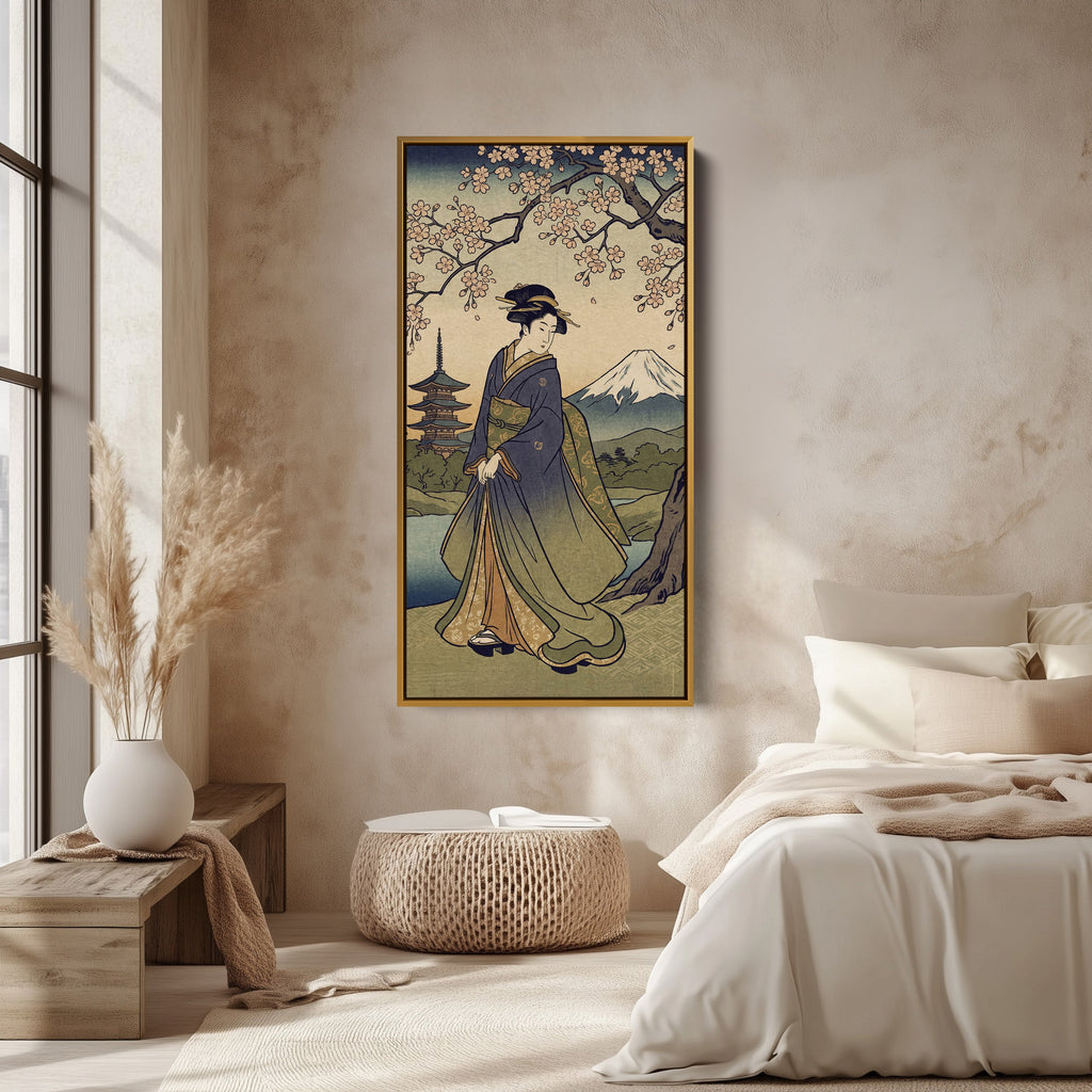 Tall Narrow Canvas Geisha Cherry Blossom Vertical Canvas For Office